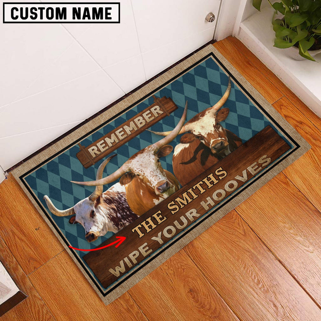 Texas Longhorn Wipe Your Hooves Custom Name Doormat