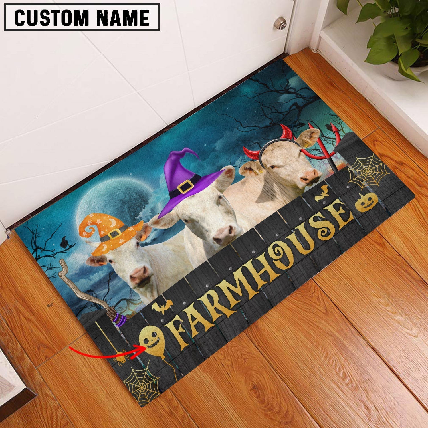Charolais Farmhouse Halloween Custom Name Doormat