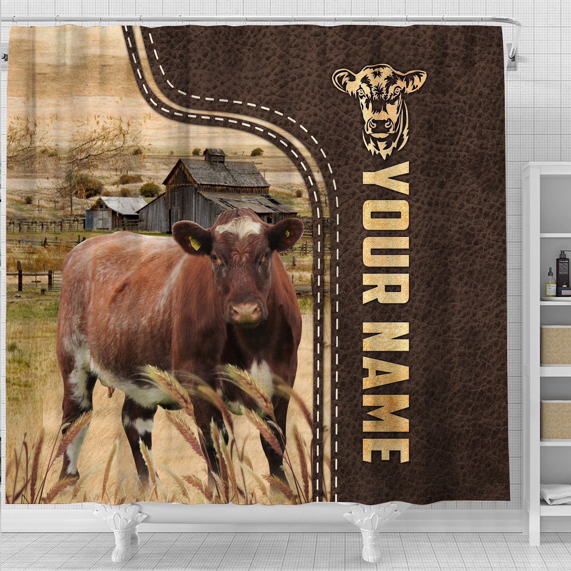 Shorthorn Leather Pattern Custom Name Shower Curtain