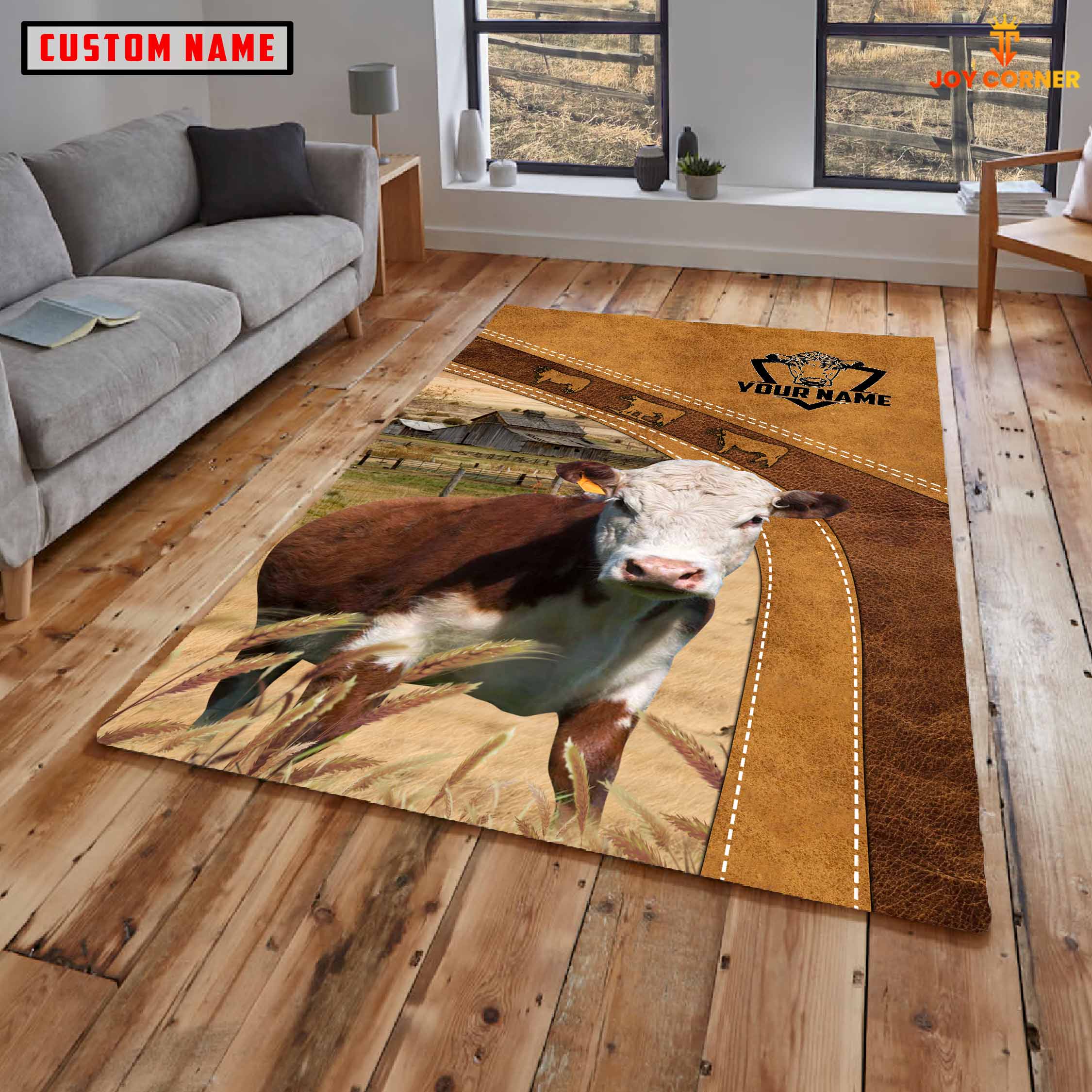 Hereford Farming Brown Personalized Name 3D Rug