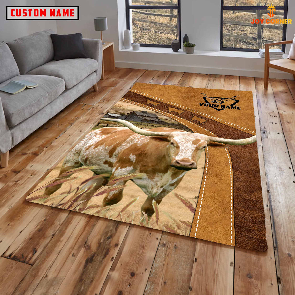 Texas Longhorn Farming Brown Personalized Name 3D Rug