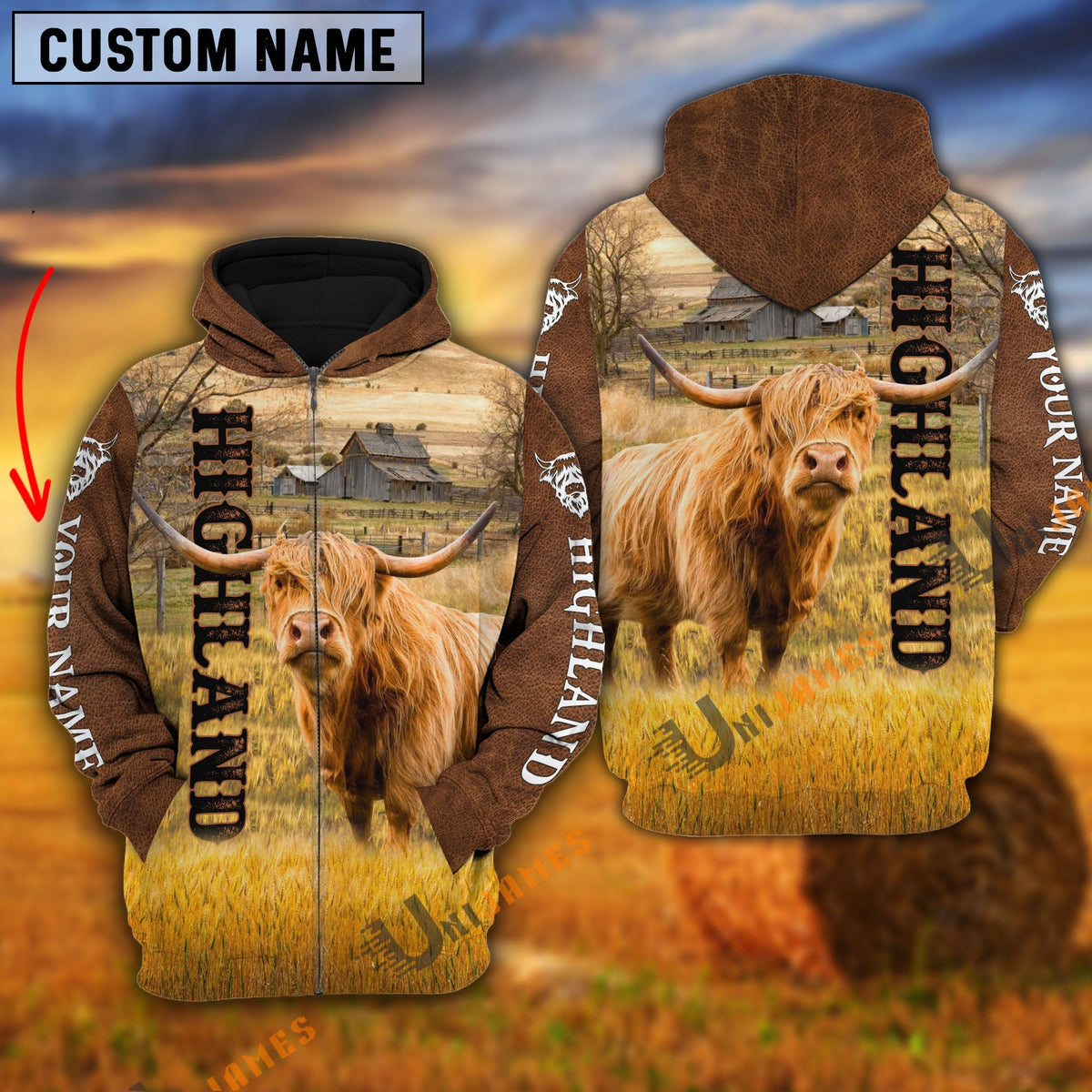 Personalized Name Farm Highland Cattle Brown Hoodie