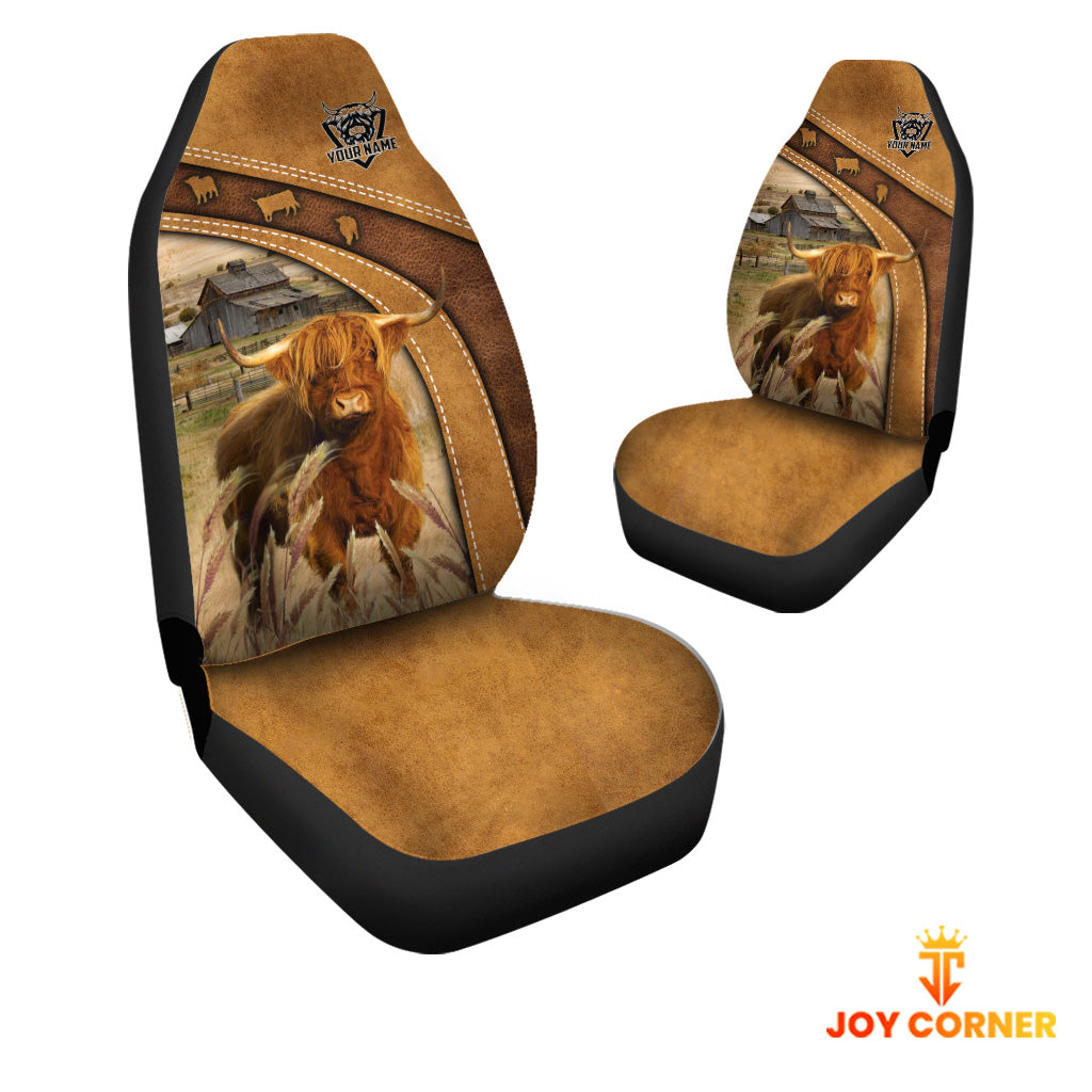 Highland Cattle Pattern Customized Name 3D Car Seat Cover Set (2PCS)