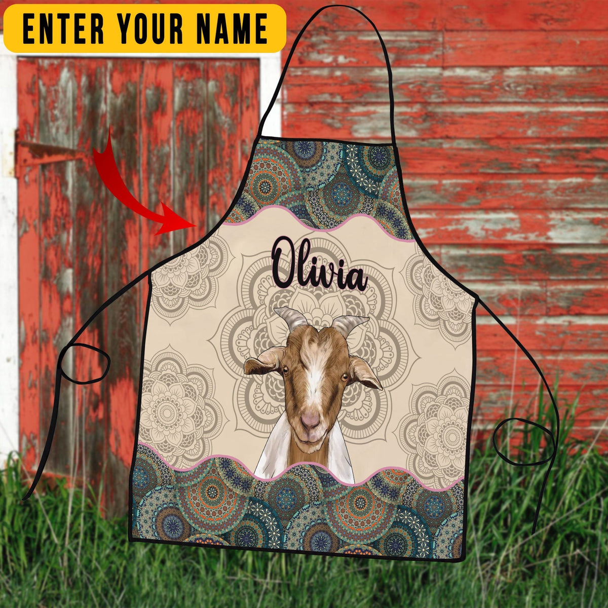 Personalized Name Mandala Pattern Goat All Over Printed 3D Apron