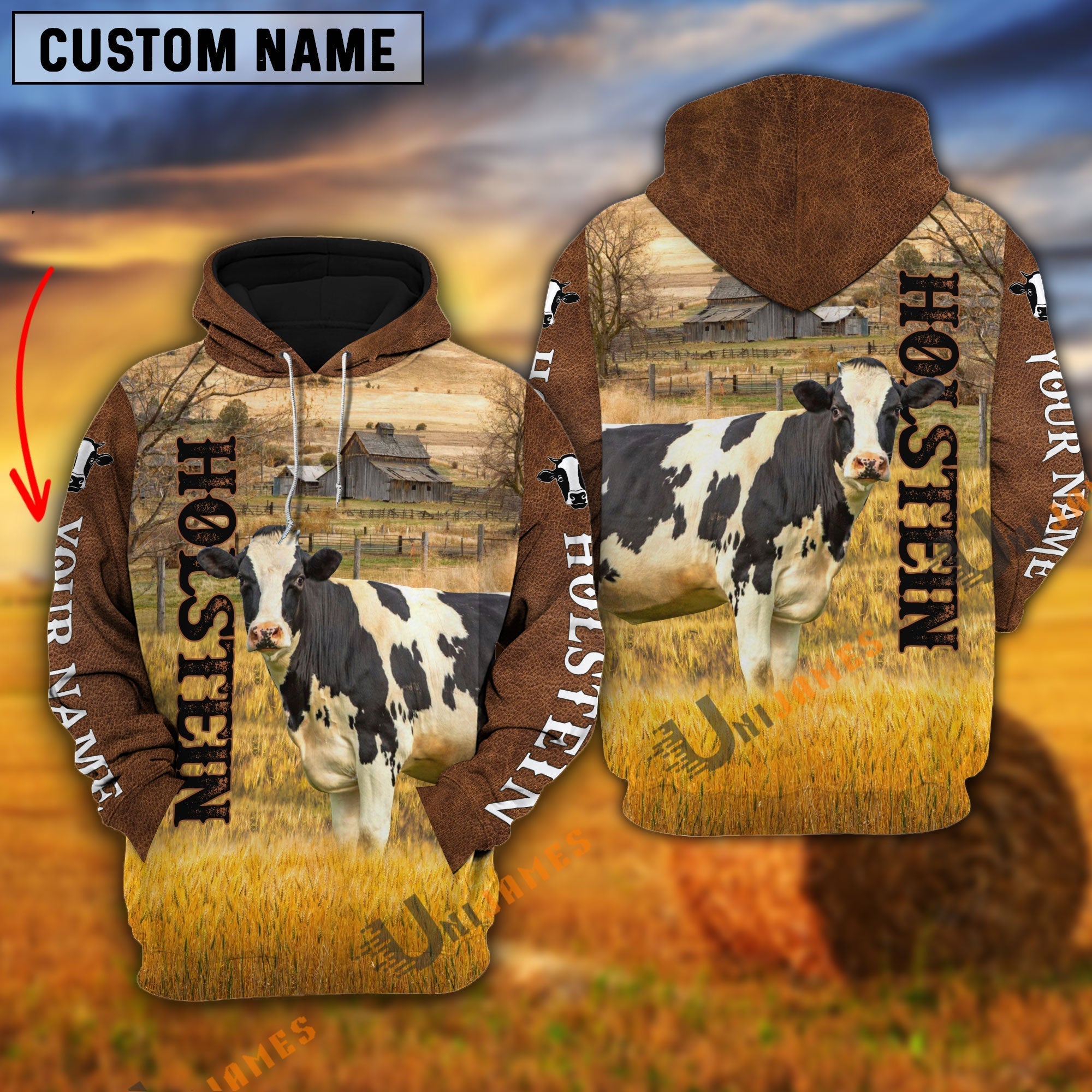 Personalized Name Farm Holstein Brown Hoodie