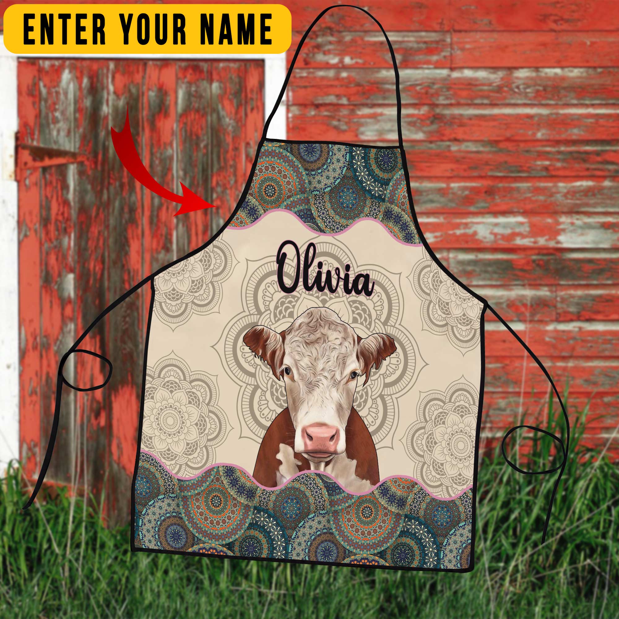 Custom Name Mandala Pattern Hereford All Over Printed 3D Apron