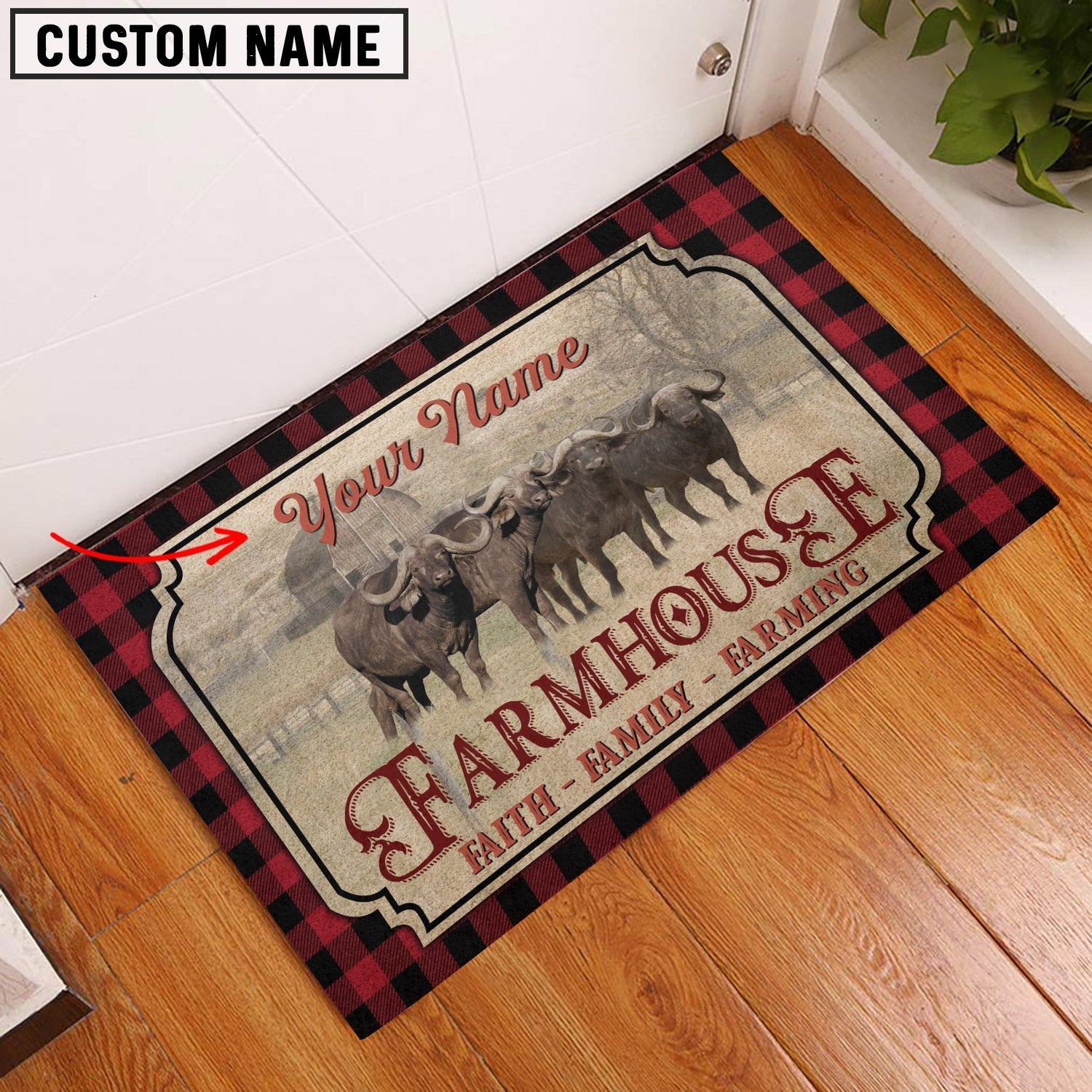 Buffalo Faith Family Farming Custom Name Doormat