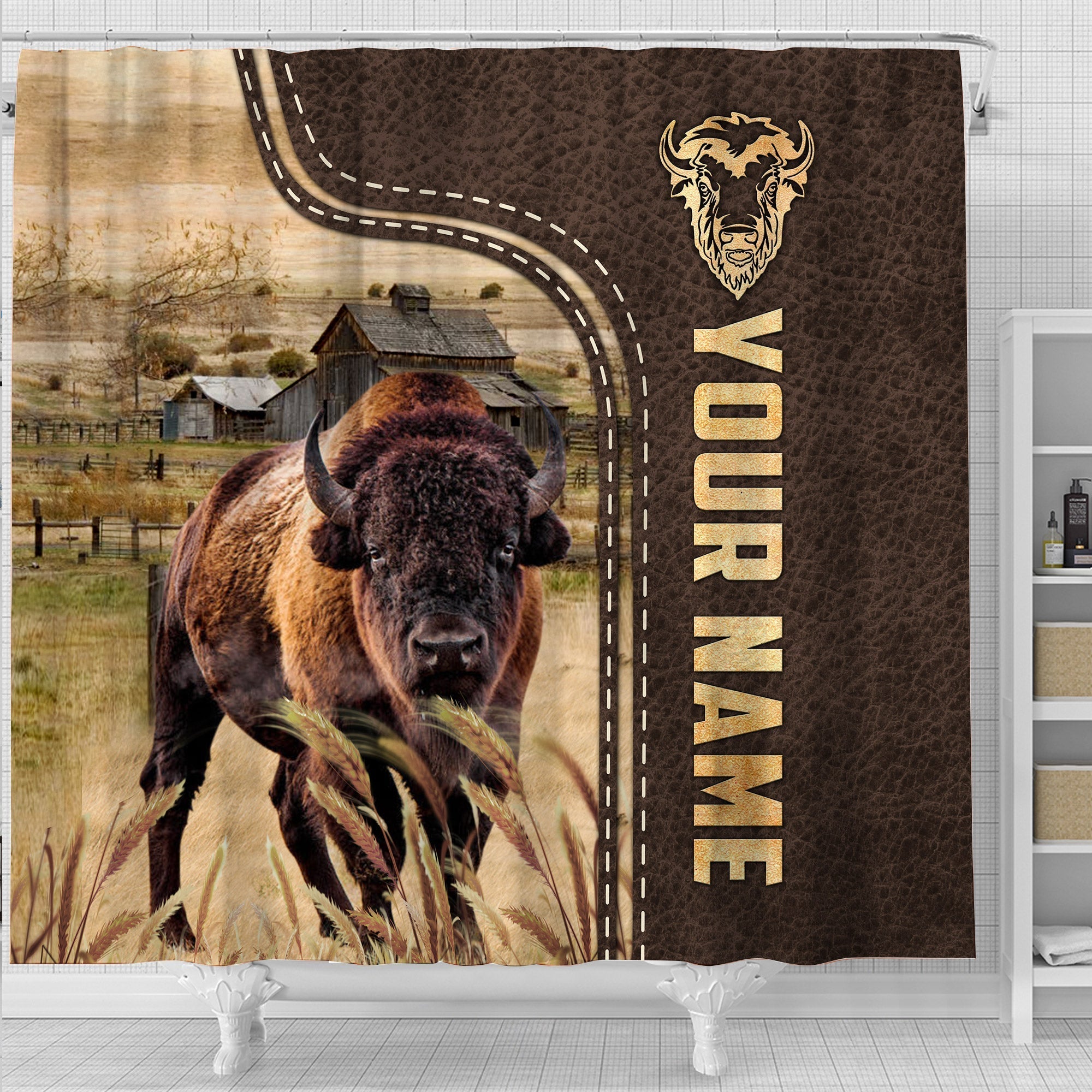 Bison Leather Pattern Custom Name Shower Curtain
