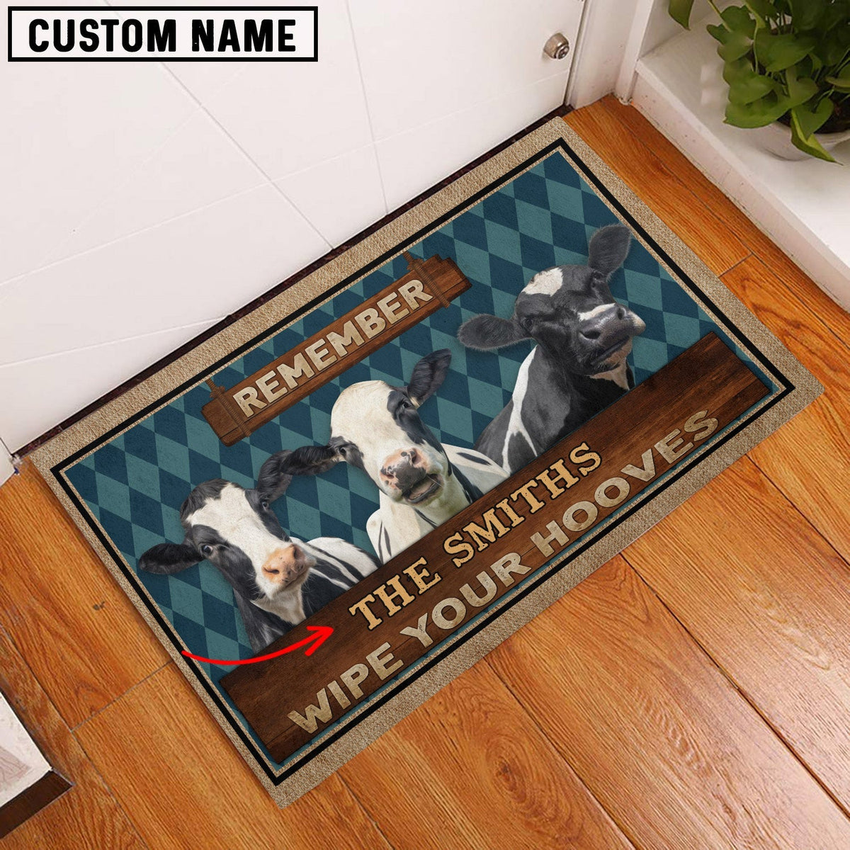 Holstein Wipe Your Hooves Custom Name Doormat