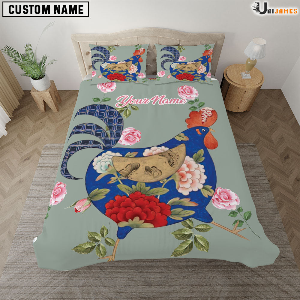 Chicken Blue Art Pattern Custom Name Bedding Set