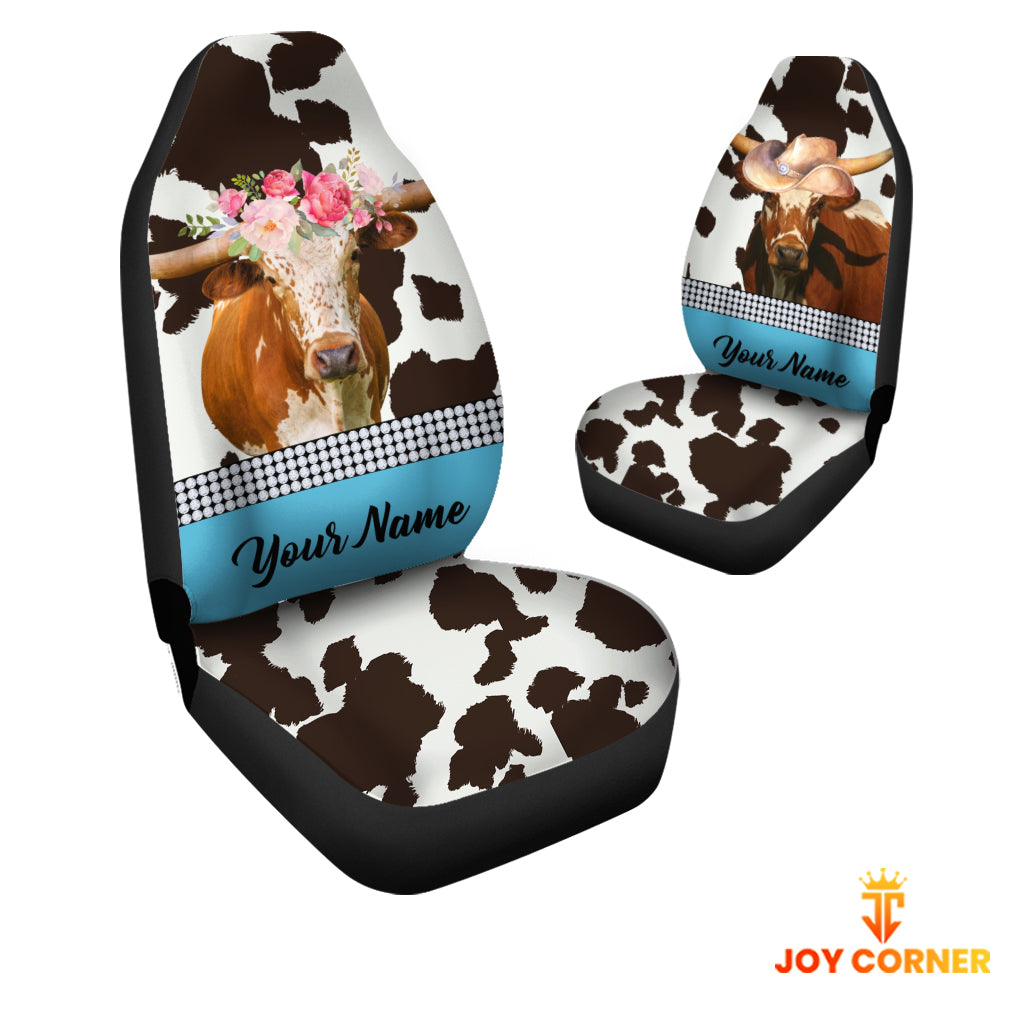 Texas Longhorn Pattern Customized Name Dairy Cow Car Seat Cover Set