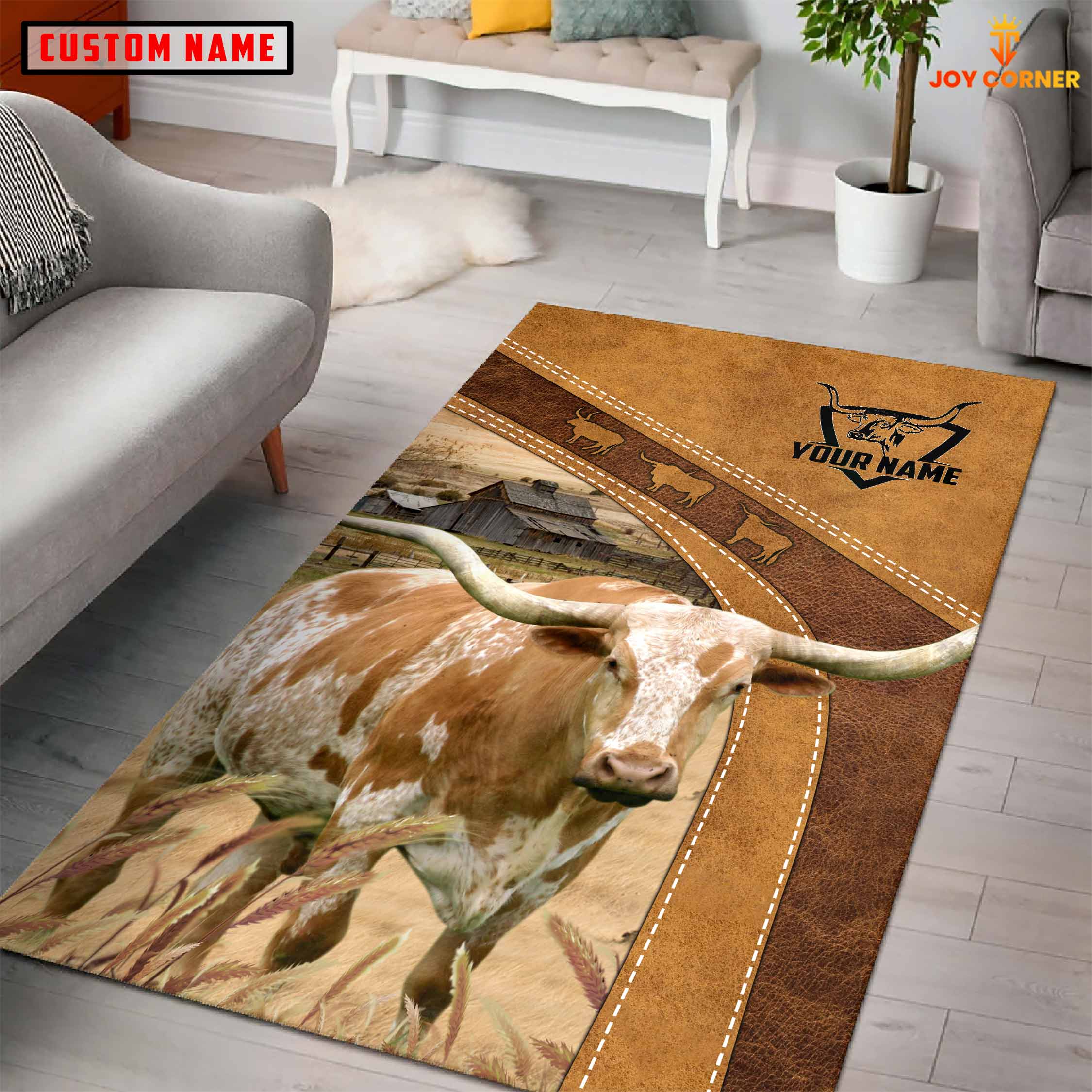 Texas Longhorn Farming Brown Personalized Name 3D Rug