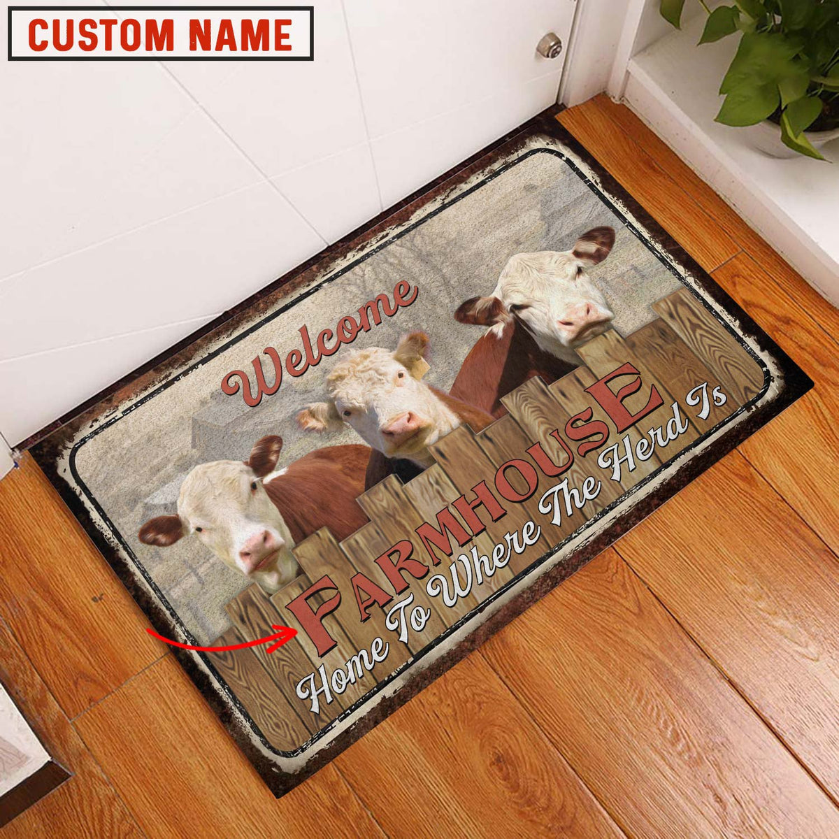Hereford Custom Name - Home To Where The Herd Is FarmHouse Doormat