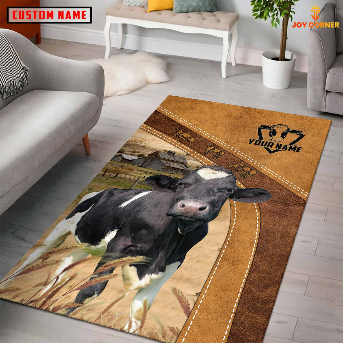 Holstein Farming Brown Personalized Name 3D Rug