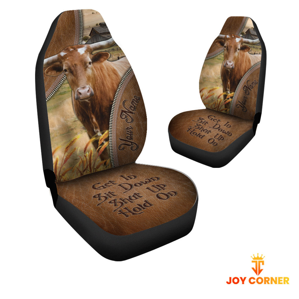 Texas Longhorn Customized Name Leather Pattern Car Seat Covers (2Pcs)