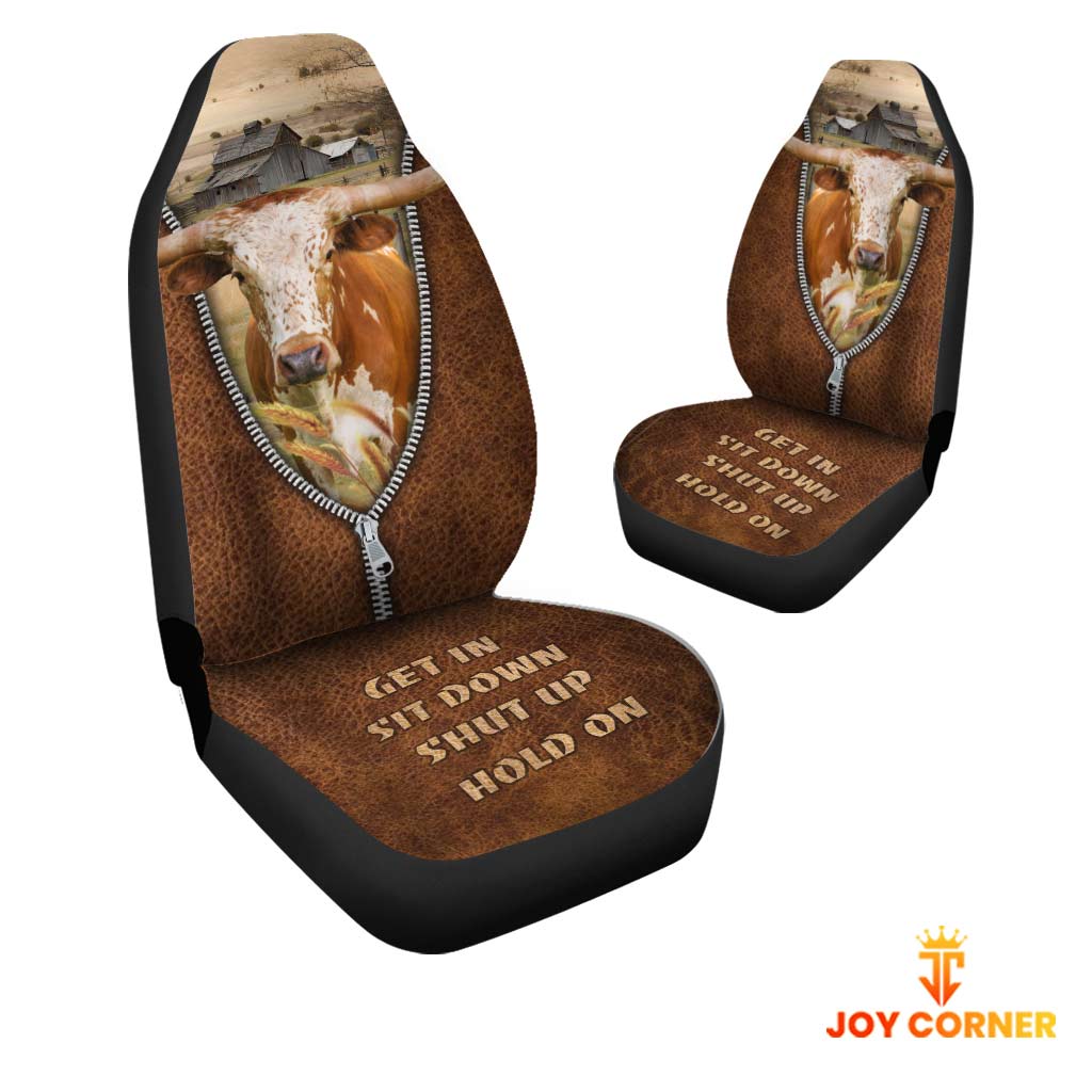 Texas Longhorn Zipper Leather Pattern Car Seat Covers Universal Fit (2Pcs)
