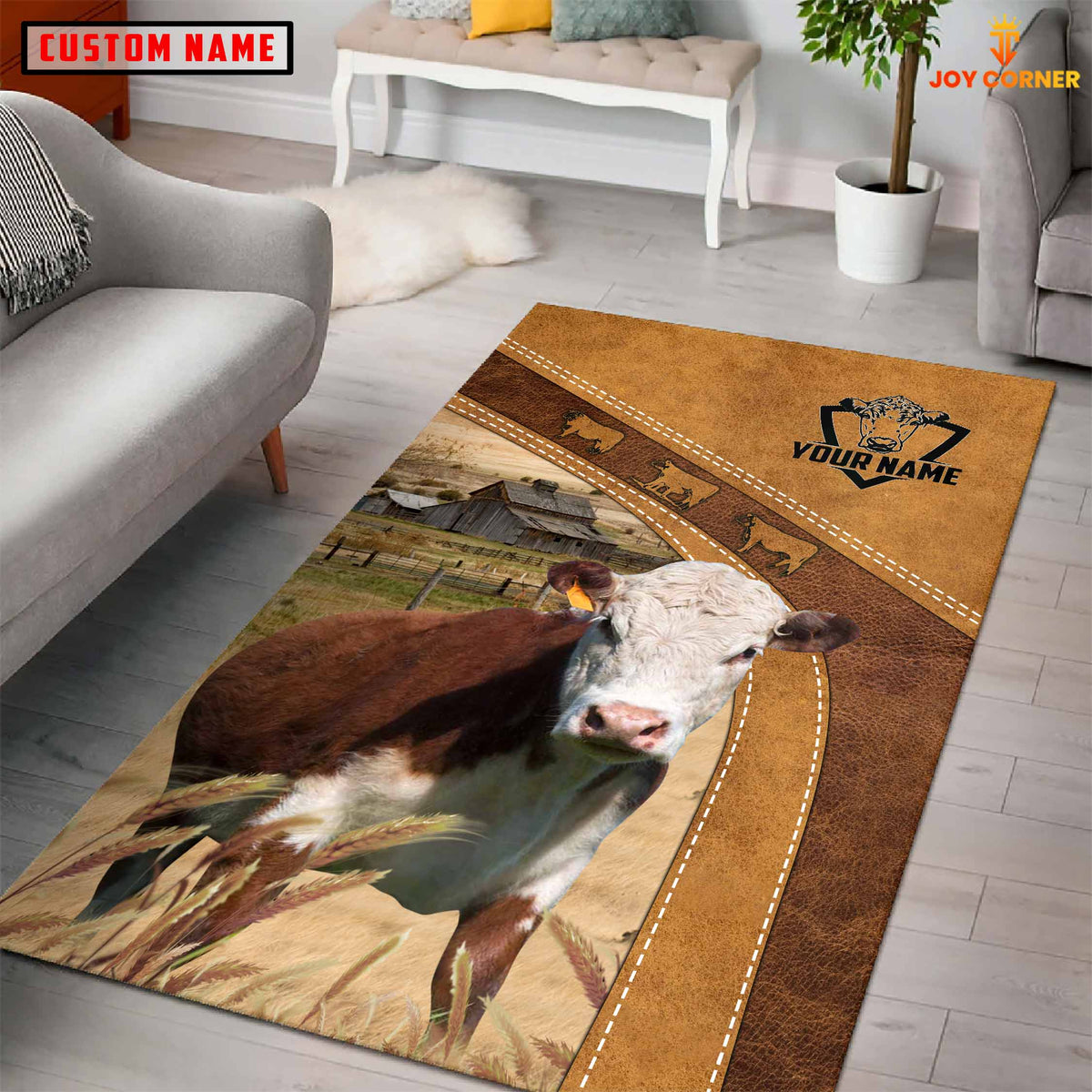 Hereford Farming Brown Personalized Name 3D Rug