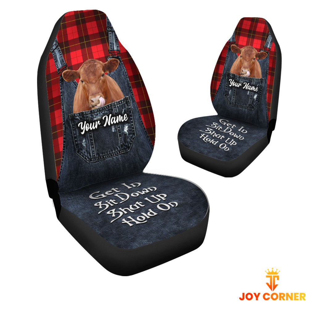 Customized Name Red Angus Jean Overalls Pattern Car Seat Covers (2Pcs)