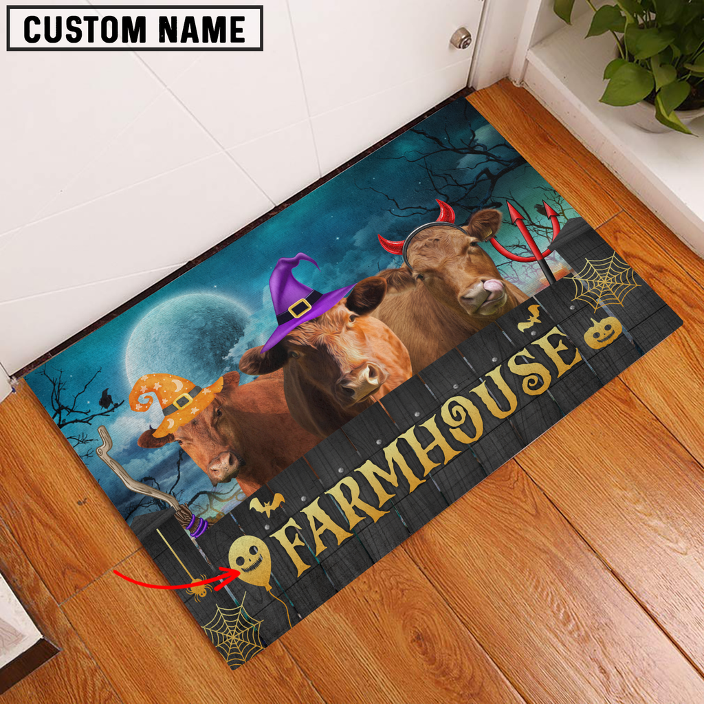 Red Angus Farmhouse Halloween Custom Name Doormat