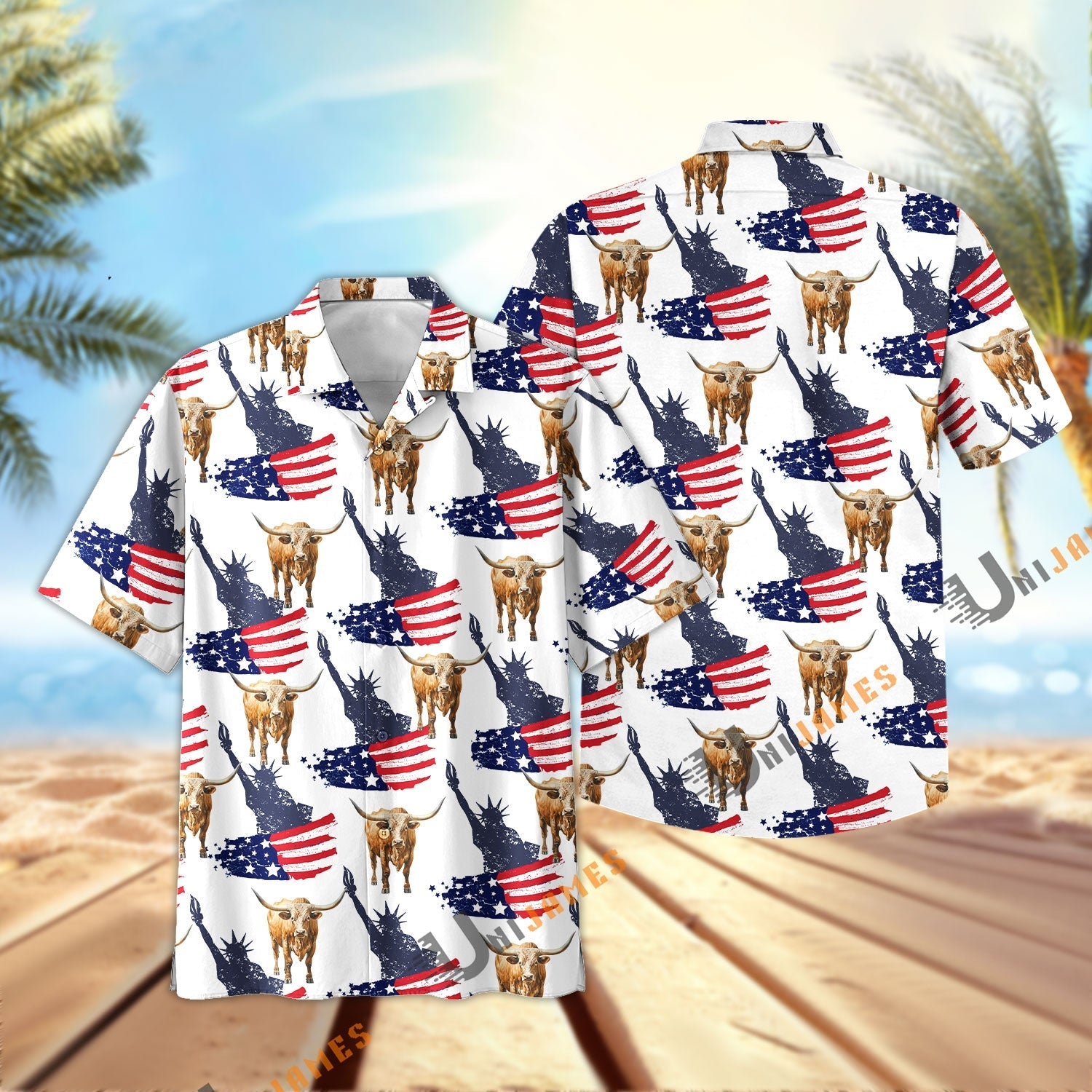 Texas Longhorn US Flag and Liberty Pattern Hawaiian Shirt