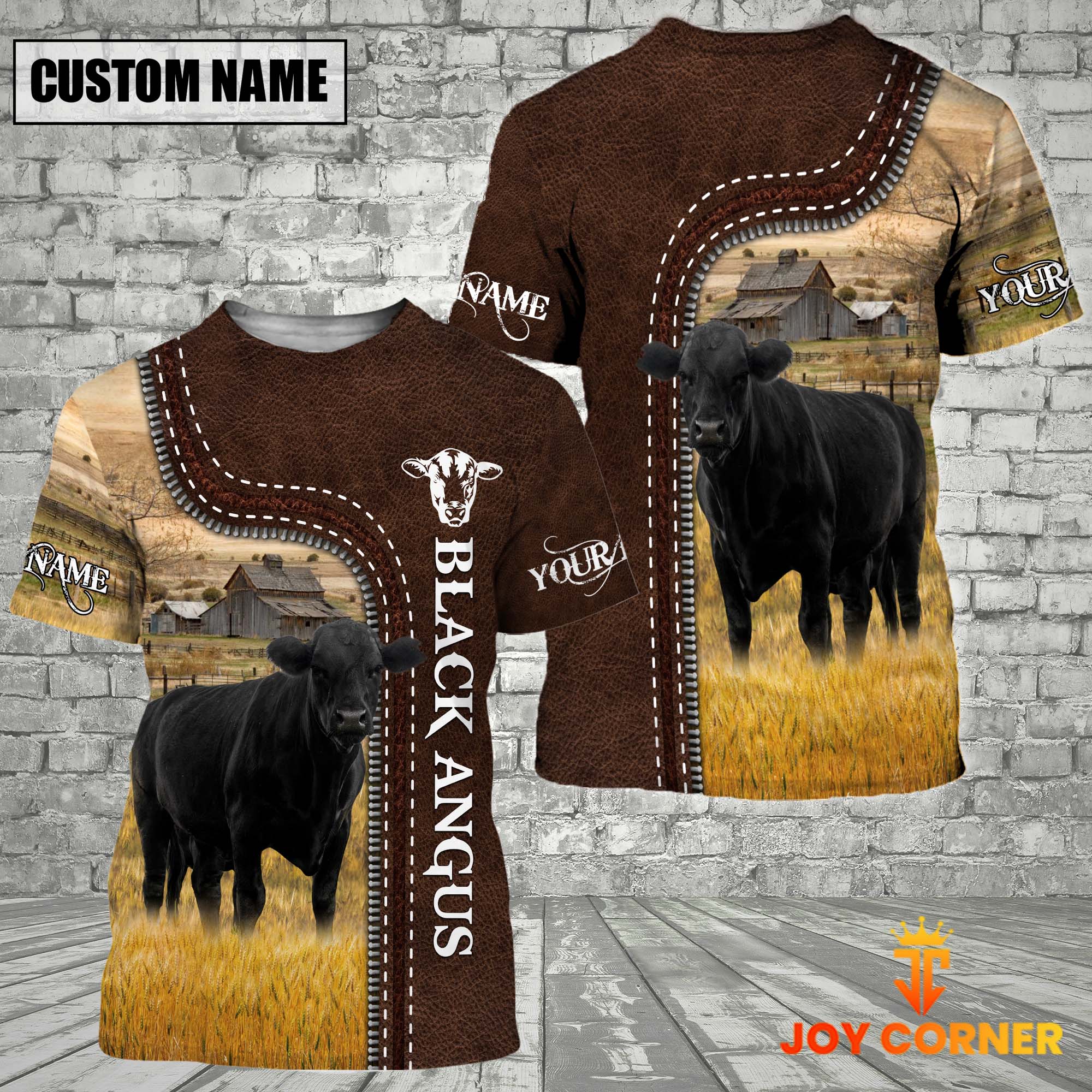 Black Angus Farm Custom Name Leather Pattern T-Shirt