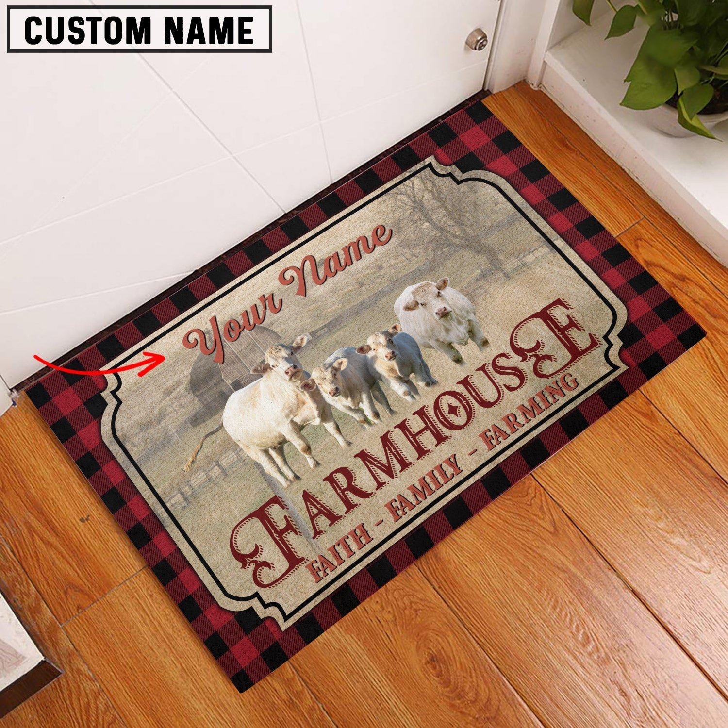 Charolais No Horn Faith Family Farming Custom Name Doormat