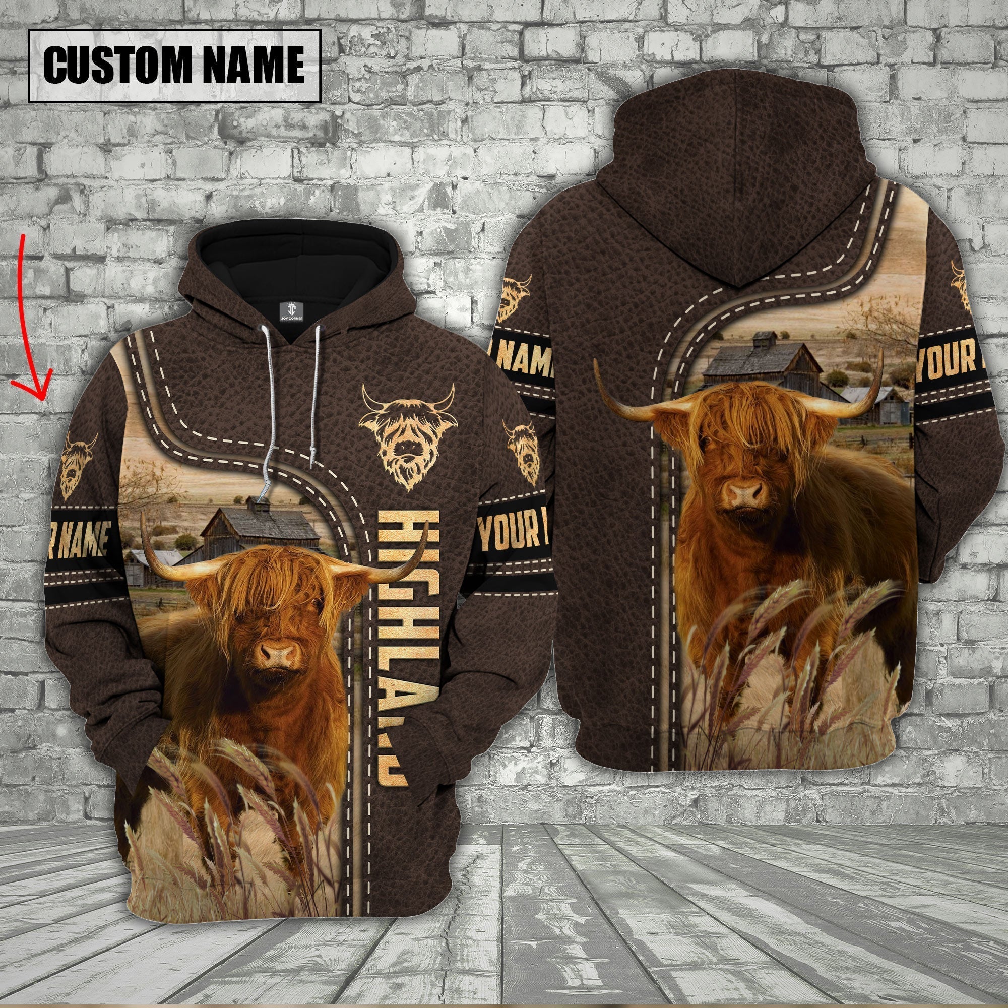 Highland Cattle Brown Leather Personalized 3D Hoodie