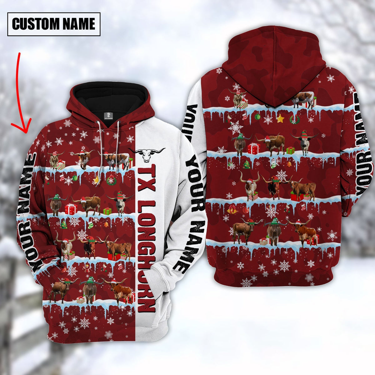Personalized Name Texas Longhorn Cattle Christmas 3D Hoodie