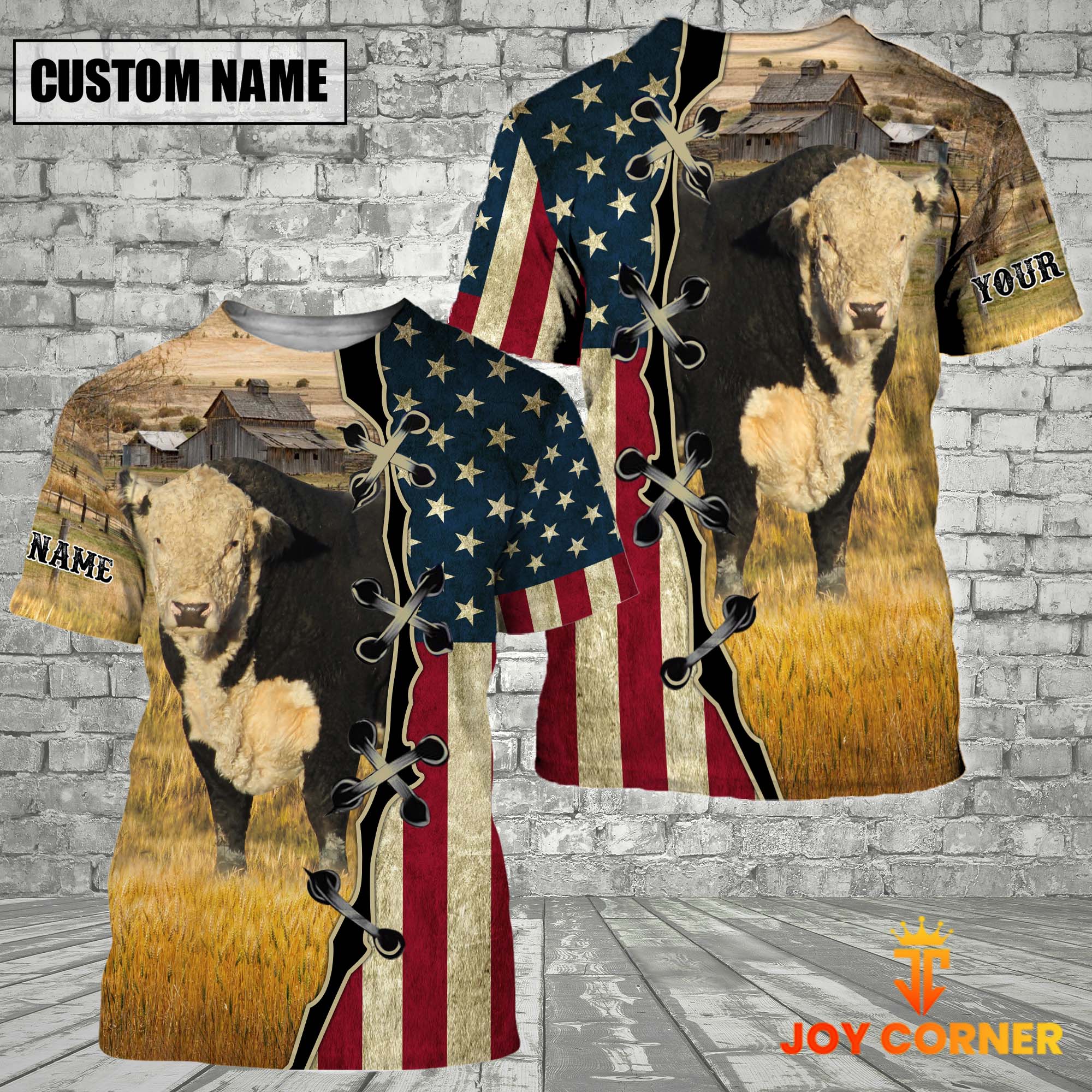 Black Hereford On Farms Custom Name American Flag 3D Shirt