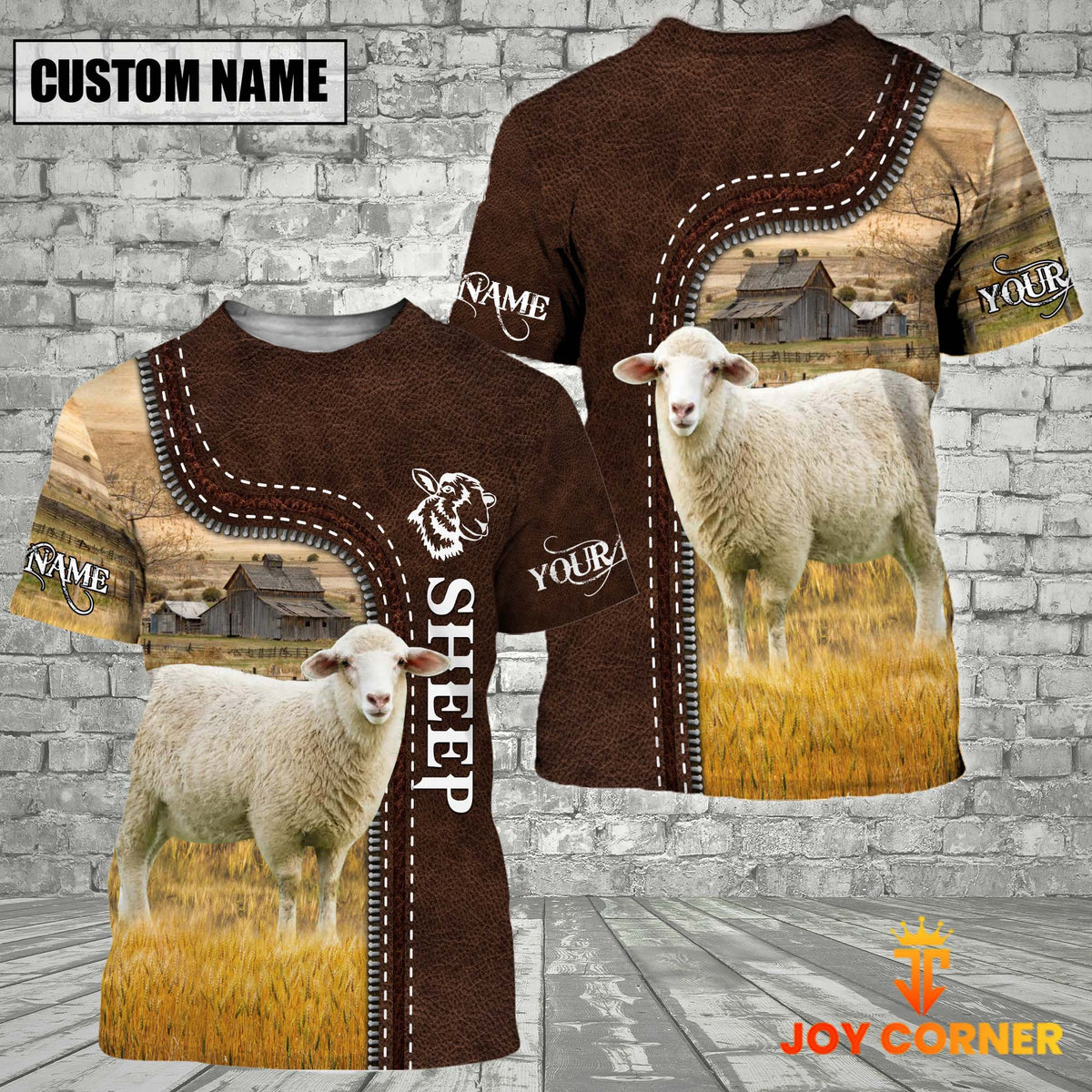Sheep Farm Custom Name Leather Pattern T-Shirt