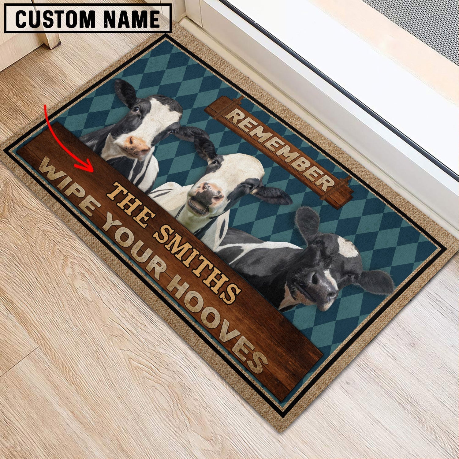 Holstein Wipe Your Hooves Custom Name Doormat