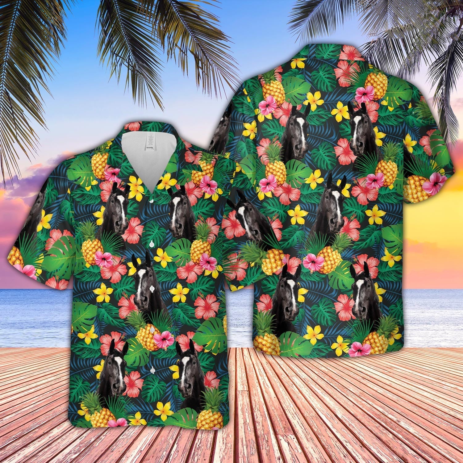 Black Horse Summer Pattern 3D Hawaiian Shirt