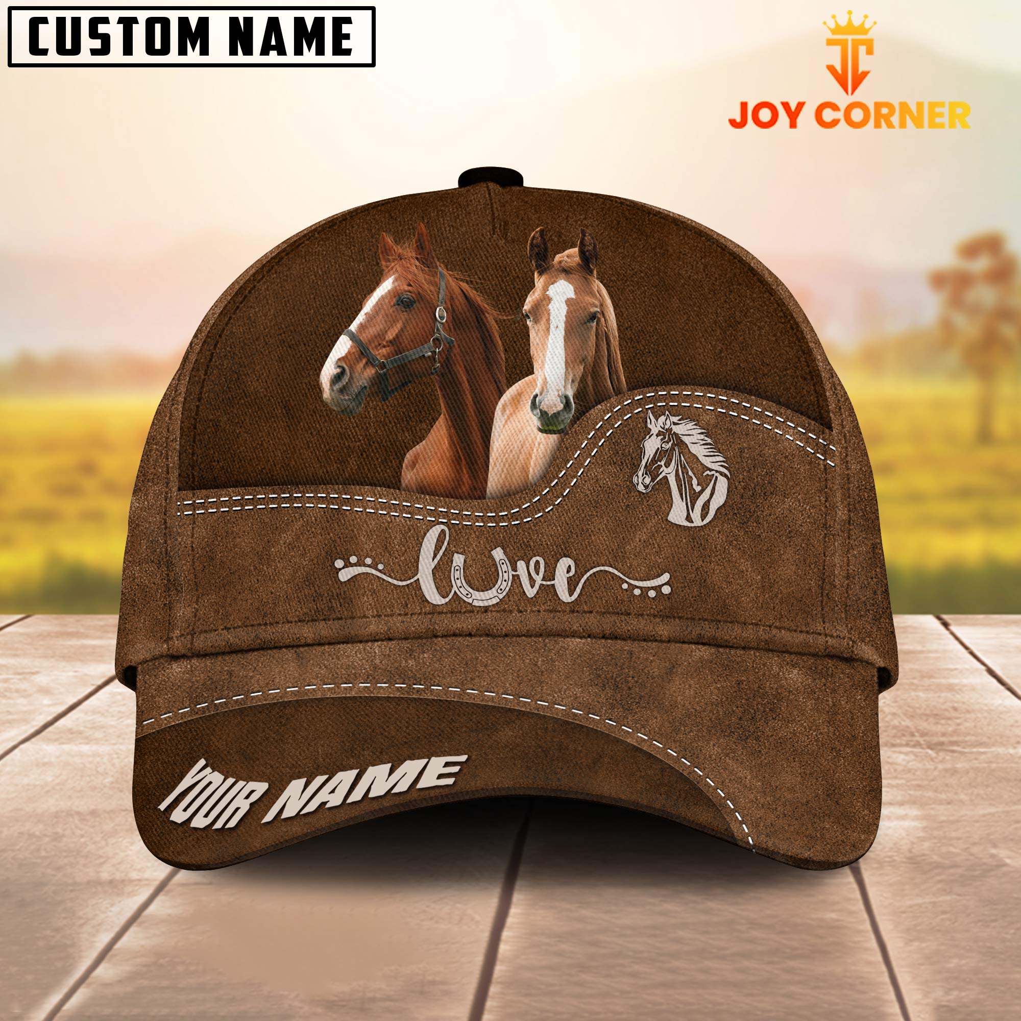 Brown Horse Love Leather Pattern Customized Name Cap