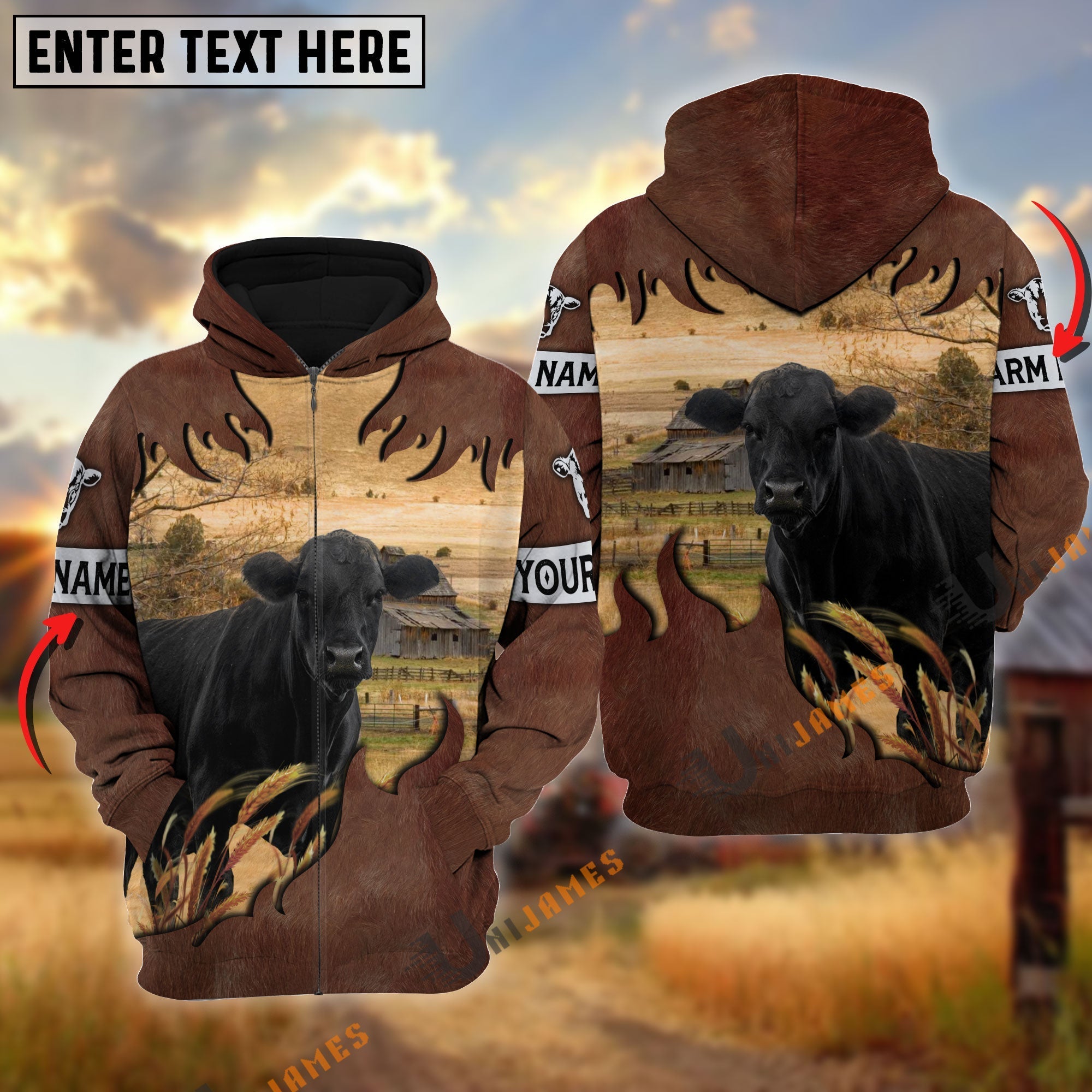 Black Angus Brown Hair Pattern Personalized Name 3D Hoodie