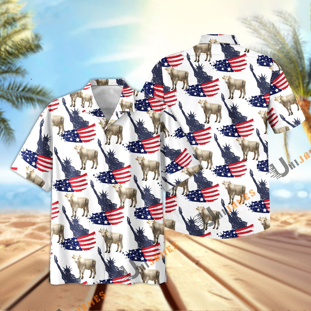 Holstein US Flag and Liberty Pattern Hawaiian Shirt