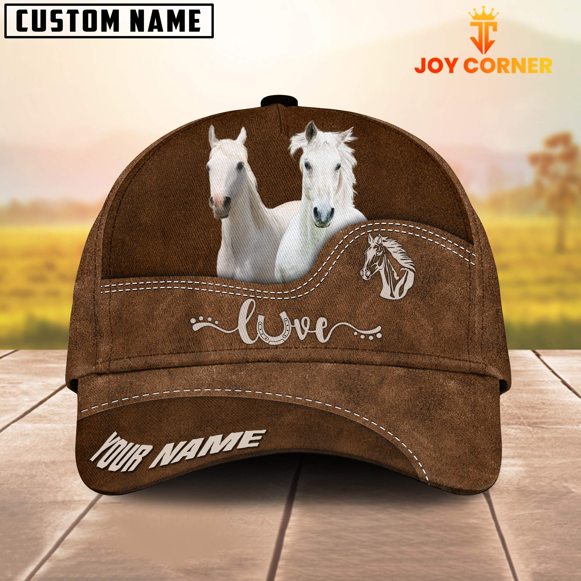 White Horse Love Leather Pattern Customized Name Cap