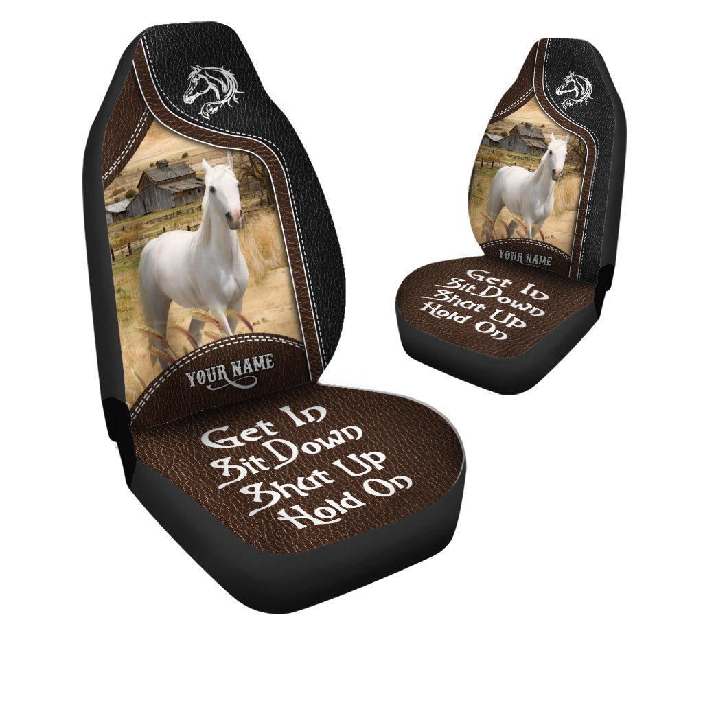 White Horse Personalized Name Black And Brown Leather Pattern Car Seat Covers Universal Fit (2Pcs)