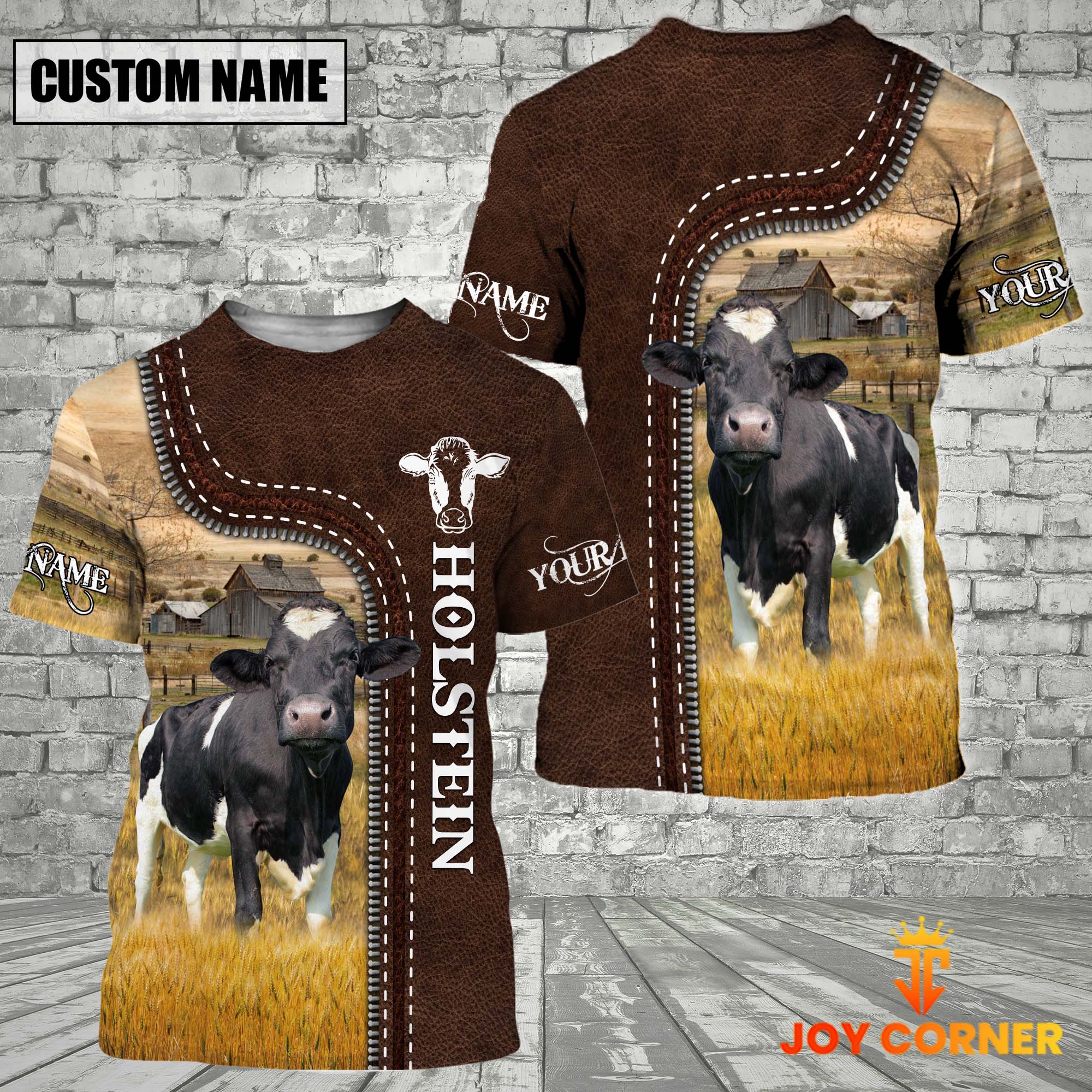 Holstein Farm Custom Name Leather Pattern T-Shirt
