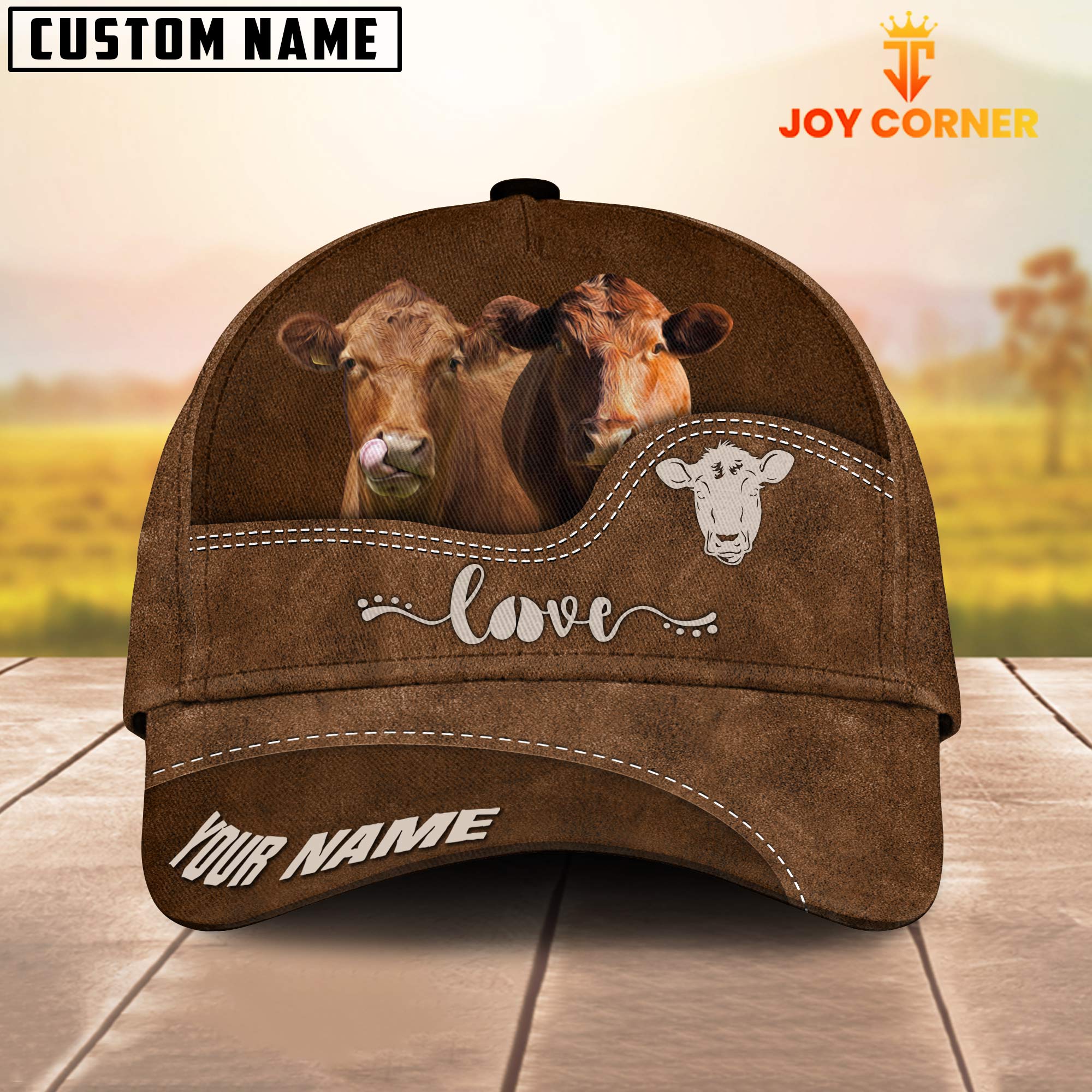 Red Angus Love Leather Pattern Customized Name Cap