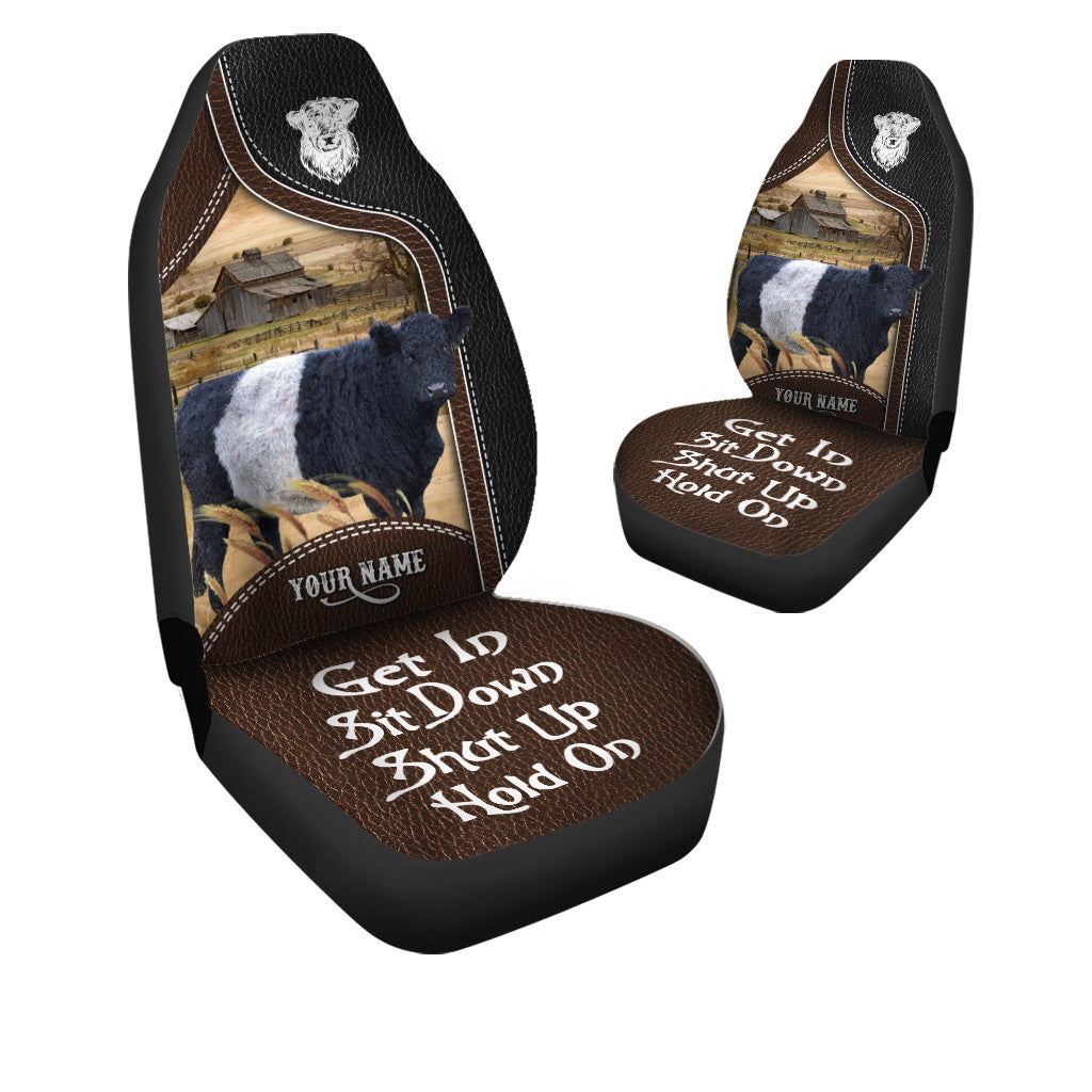 Belted Galloway Personalized Name Black And Brown Leather Pattern Car Seat Covers Universal Fit (2Pcs)