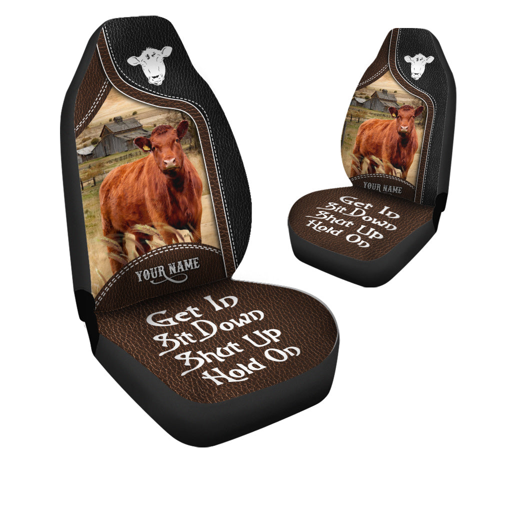 Red Angus Personalized Name Black And Brown Leather Pattern Car Seat Covers Universal Fit (2Pcs)