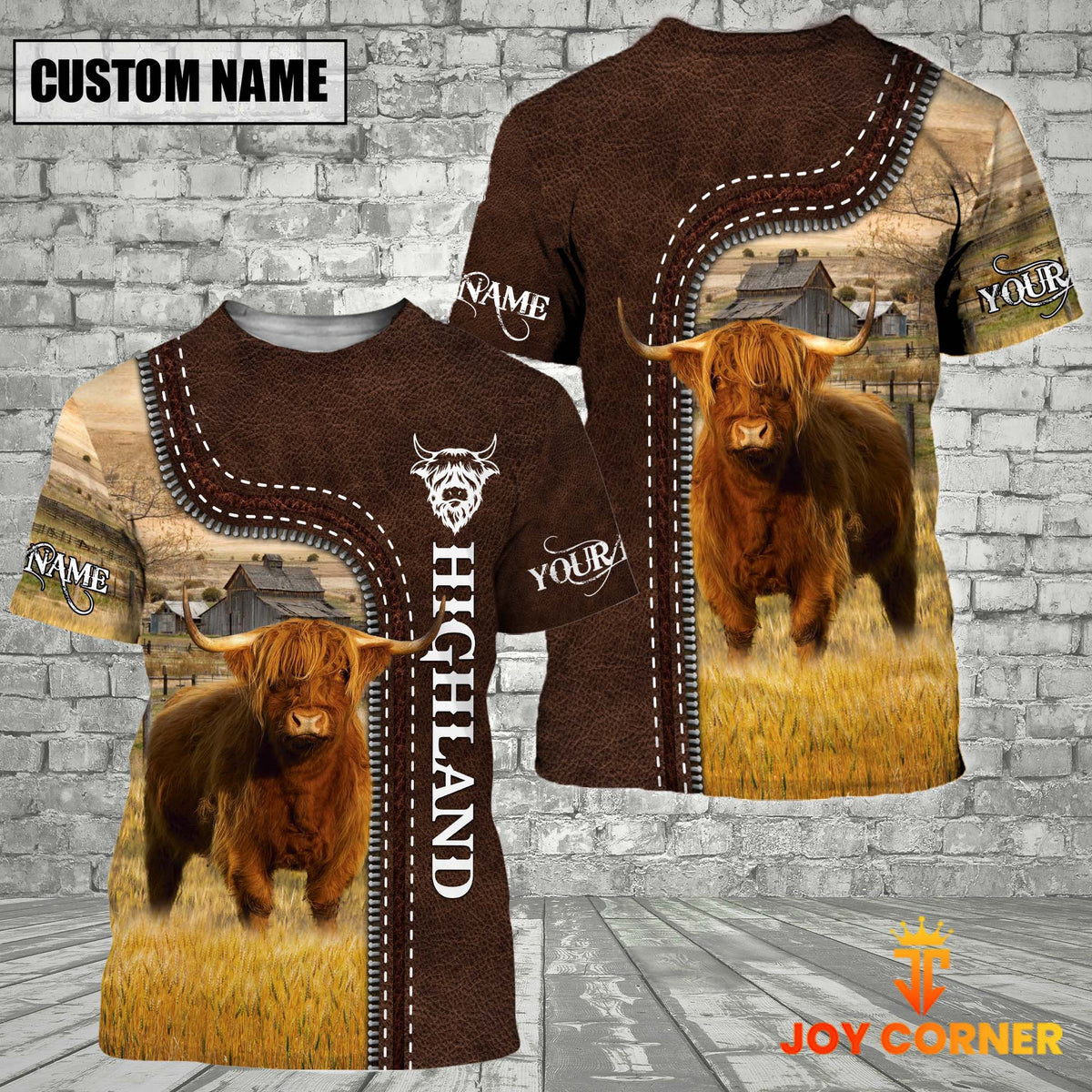 Highland Farm Custom Name Leather Pattern T-Shirt
