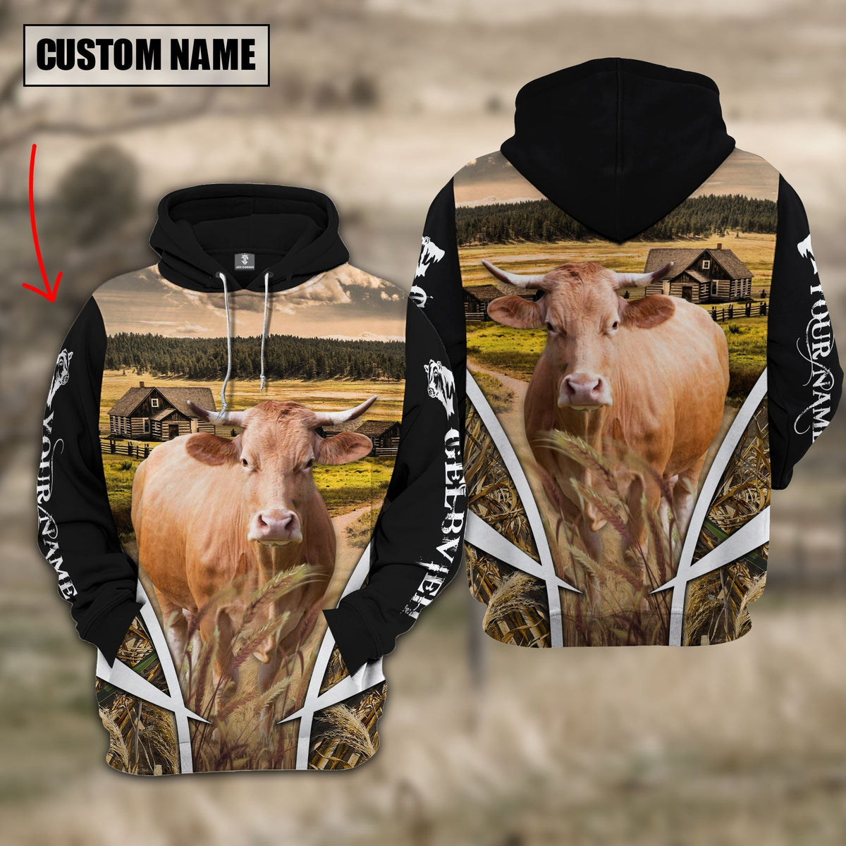 Gelbvieh Custom Name Meadow Pattern Black Hoodie