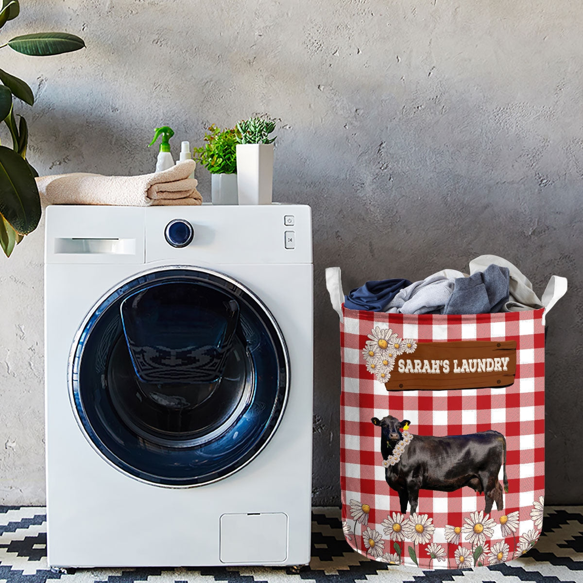 Personalized Black Angus Daisy Flower Laundry Basket
