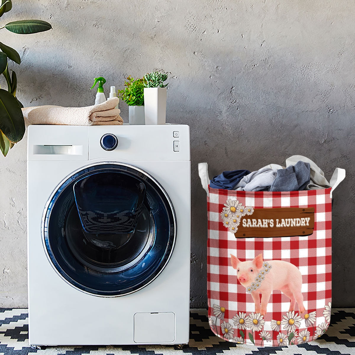 Personalized Pig Daisy Flower Laundry Basket