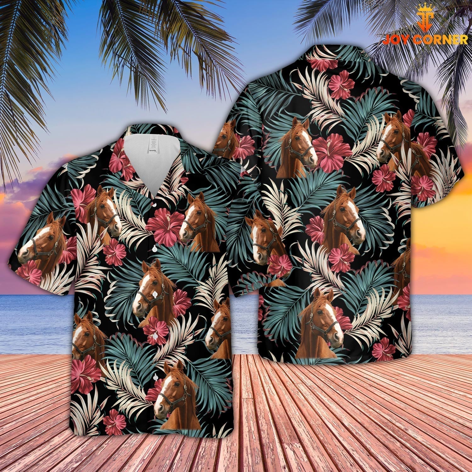 Horse Dark Red Flowers Pattern Hawaiian Shirt