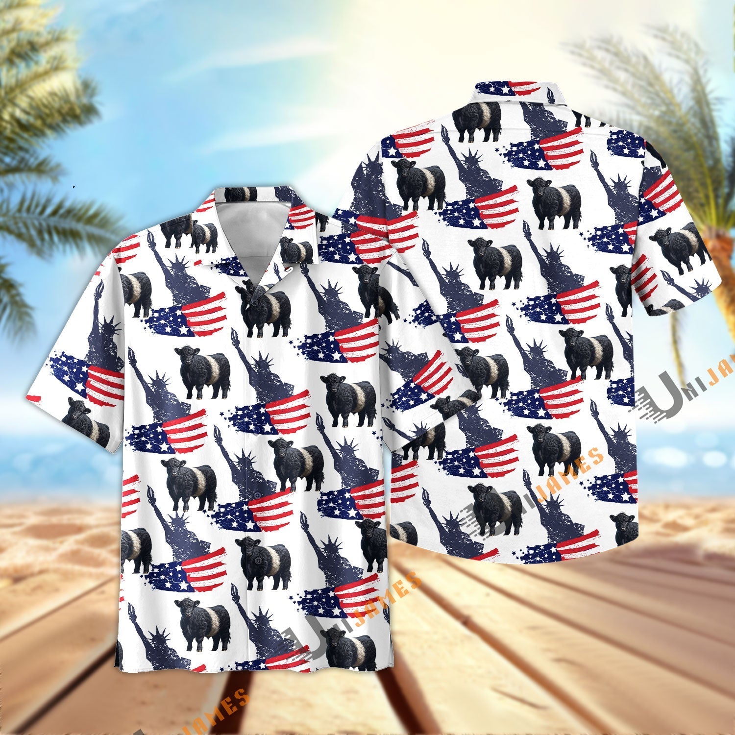 Belted Galloway US Flag and Liberty Pattern Hawaiian Shirt