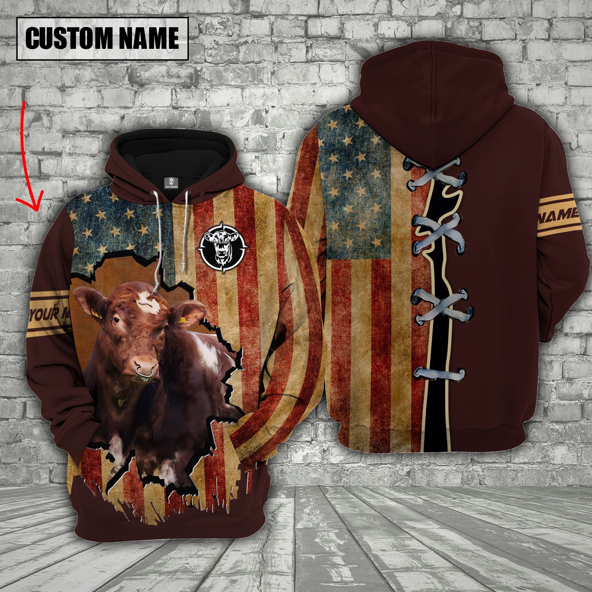 Shorthorn US Flag Retro Personalized 3D Hoodie