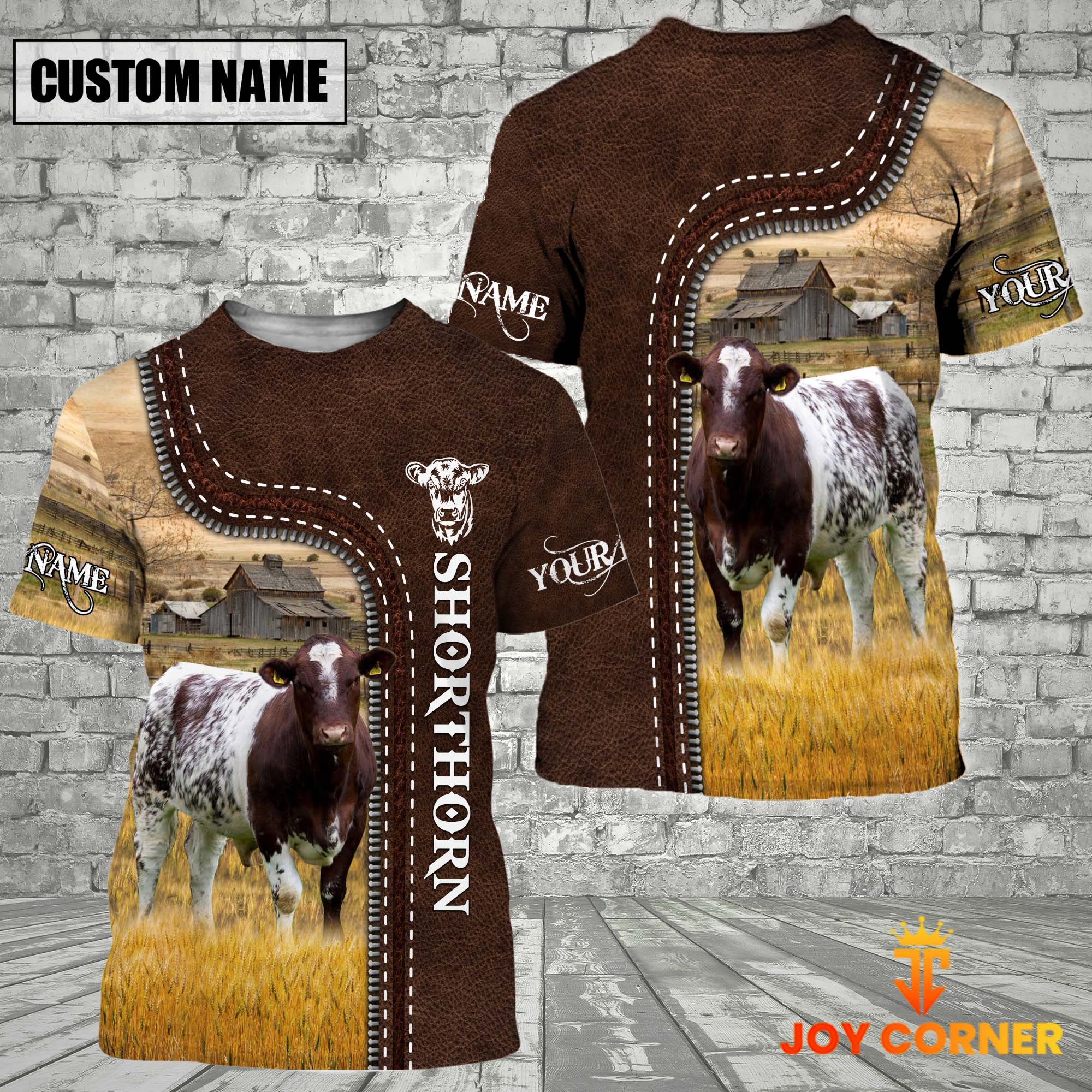 Shorthorn Farm Custom Name Leather Pattern T-Shirt