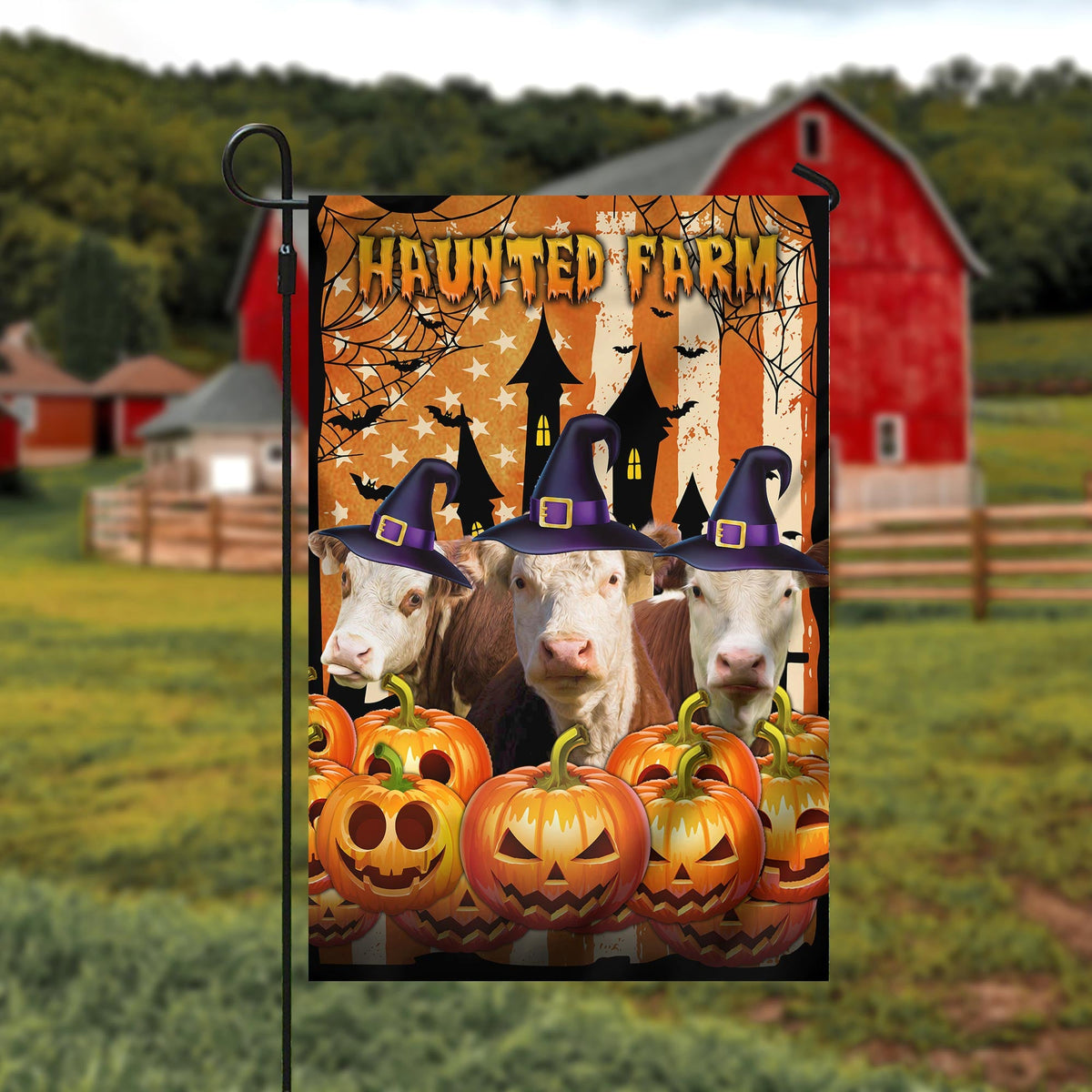 Hereford Cattle Haunted Farm Halloween Flag